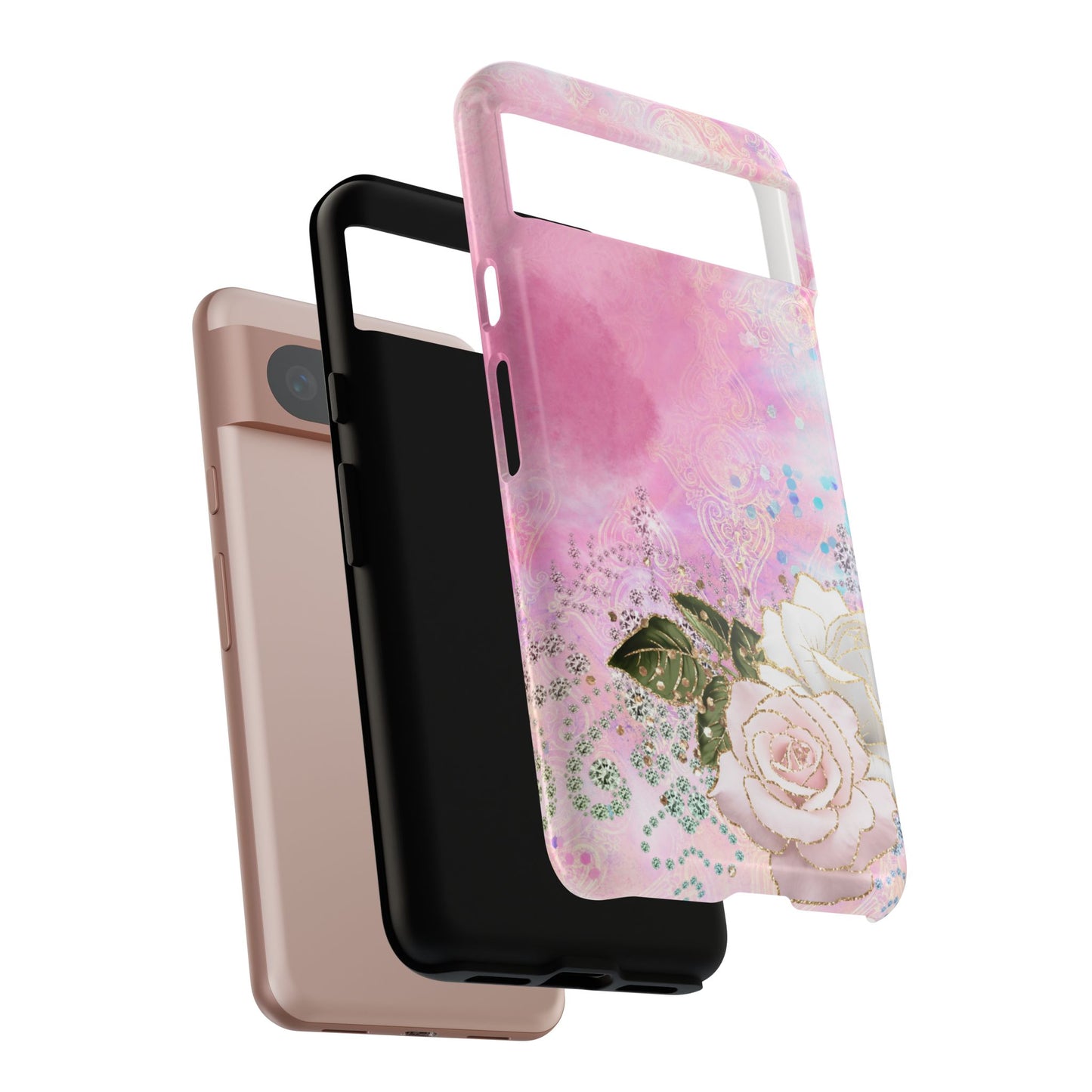 Luxury Pink & White Rose Glitter Mobile Case – Elegant & Shimmering Design