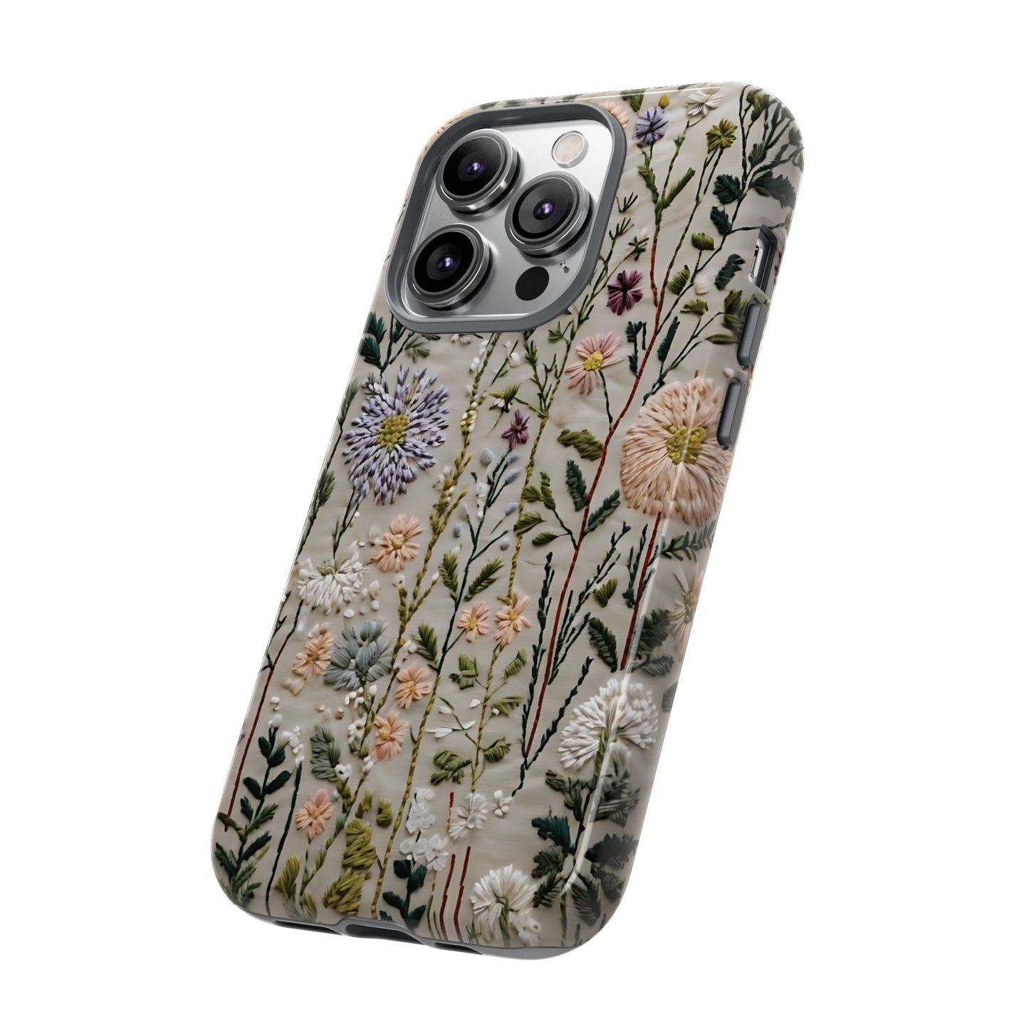 Intricate Embroidery Artwork Featuring Botanical Elements On Beige phone case design.