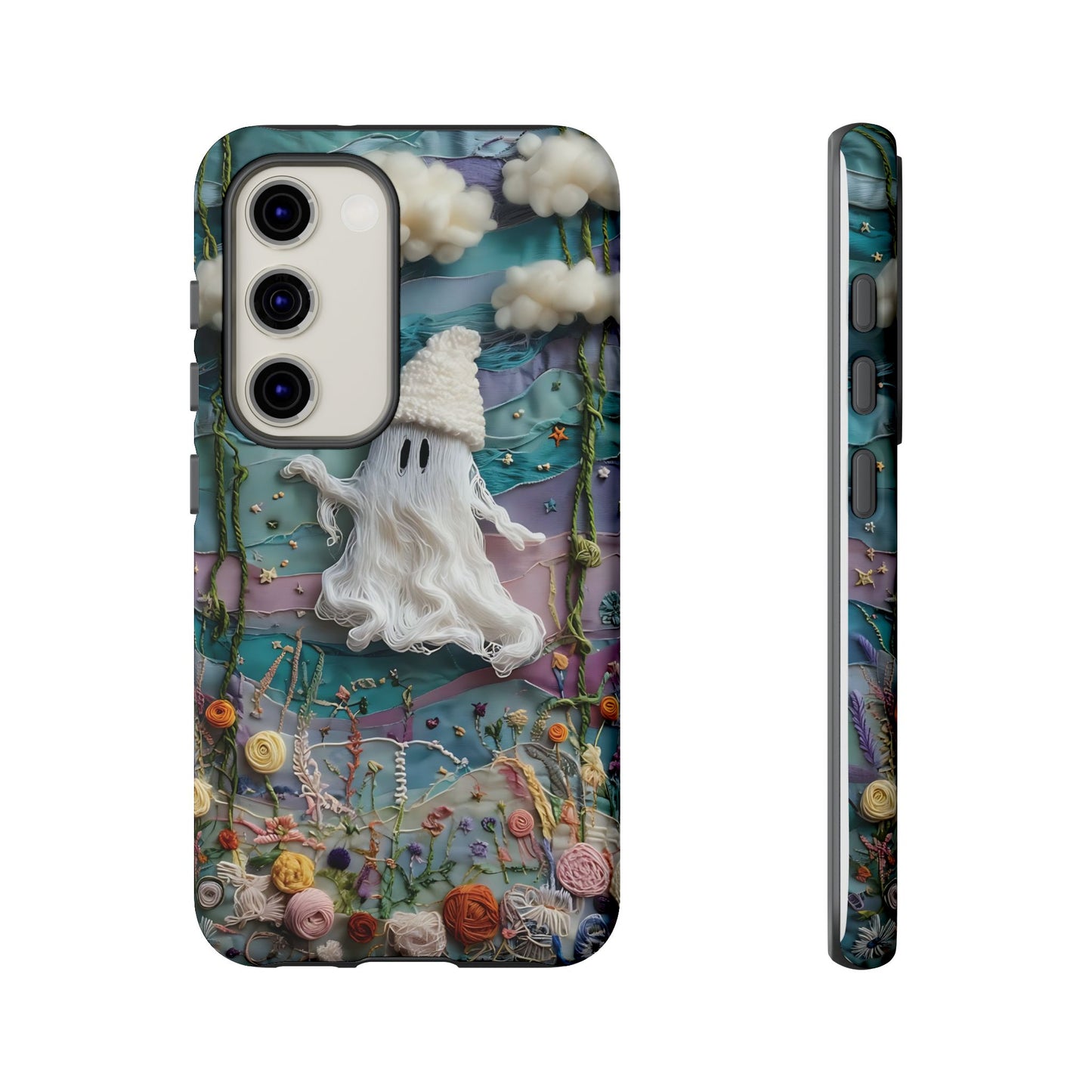 Whimsical Ghost Surrounded By Vibrant Embroidered Flowers phone case design.