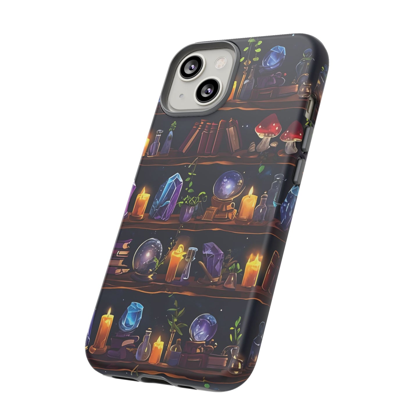 Fantasy Seamless Pattern Of Wooden Shelves Filled With Mystical Items phone case design.