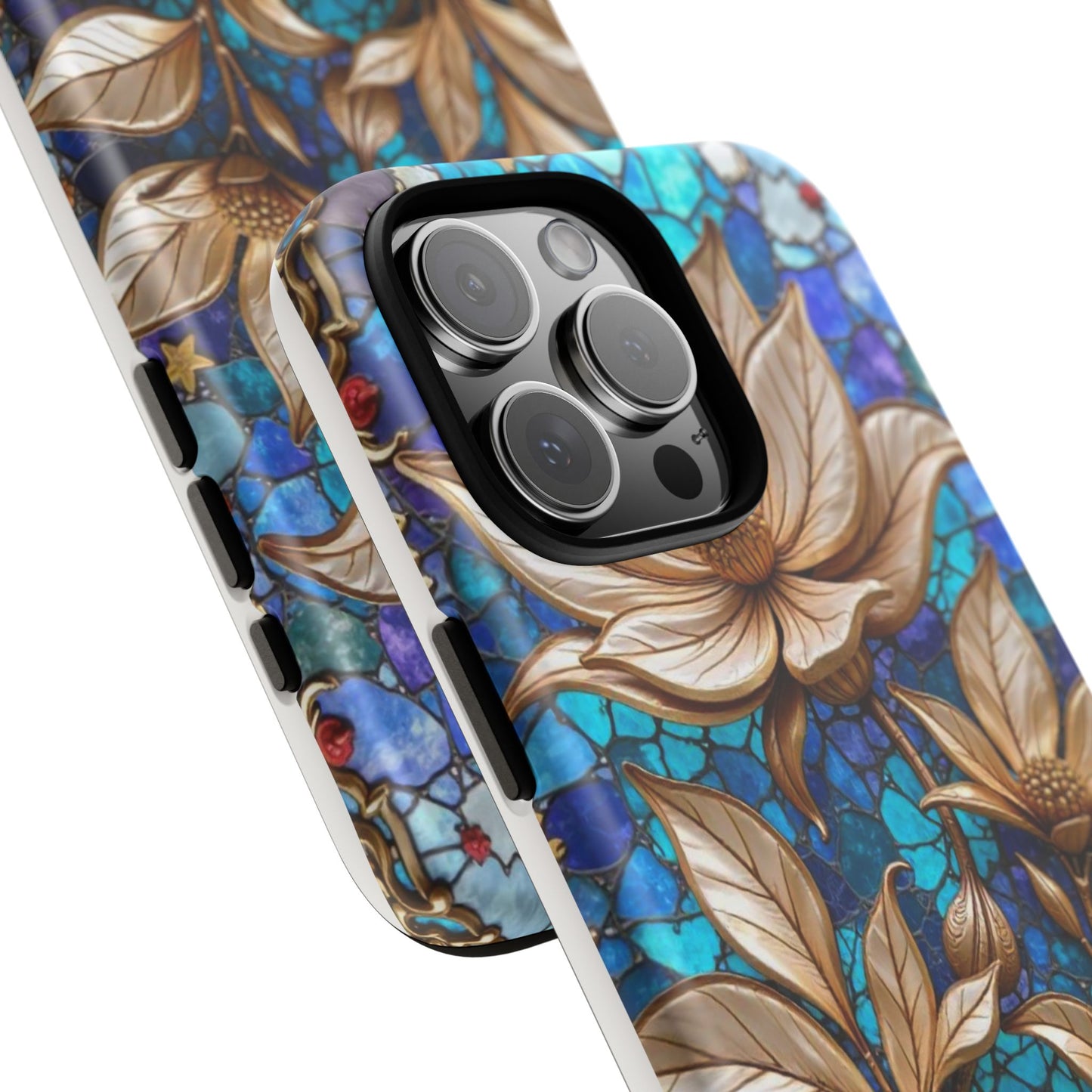 Golden Blossoms on Mosaic Blue Elegance