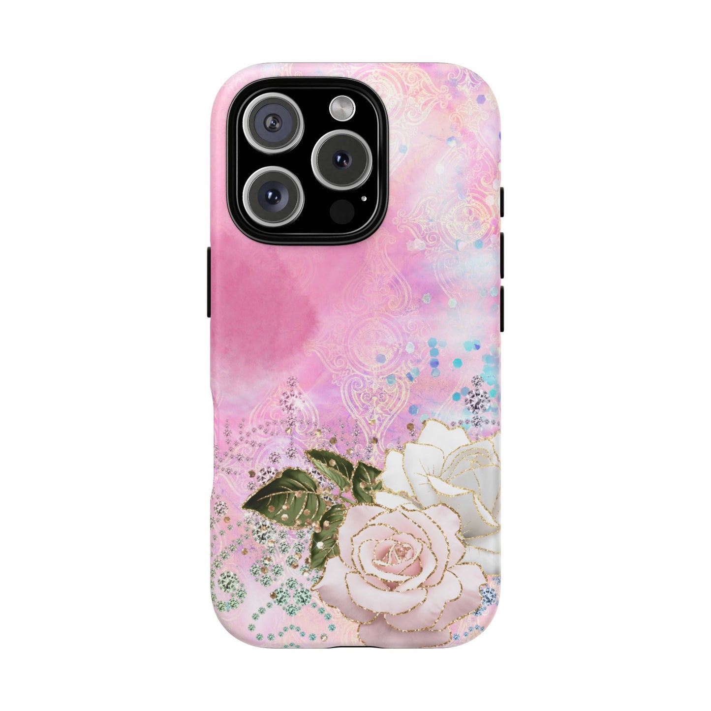 Luxury Pink & White Rose Glitter Mobile Case – Elegant & Shimmering Design