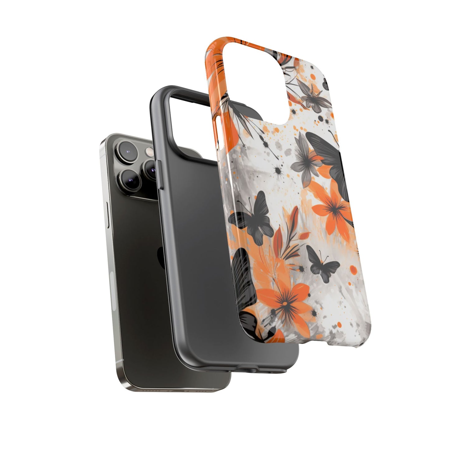 Bold Butterfly & Floral Splash Mobile Cover – Black & Orange Aesthetic