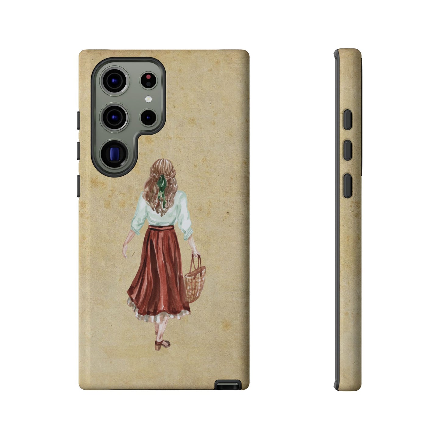 Minimal Vintage Girl with Bag Phone Case – Aesthetic Beige Design for iPhone, Samsung & Google Pixel