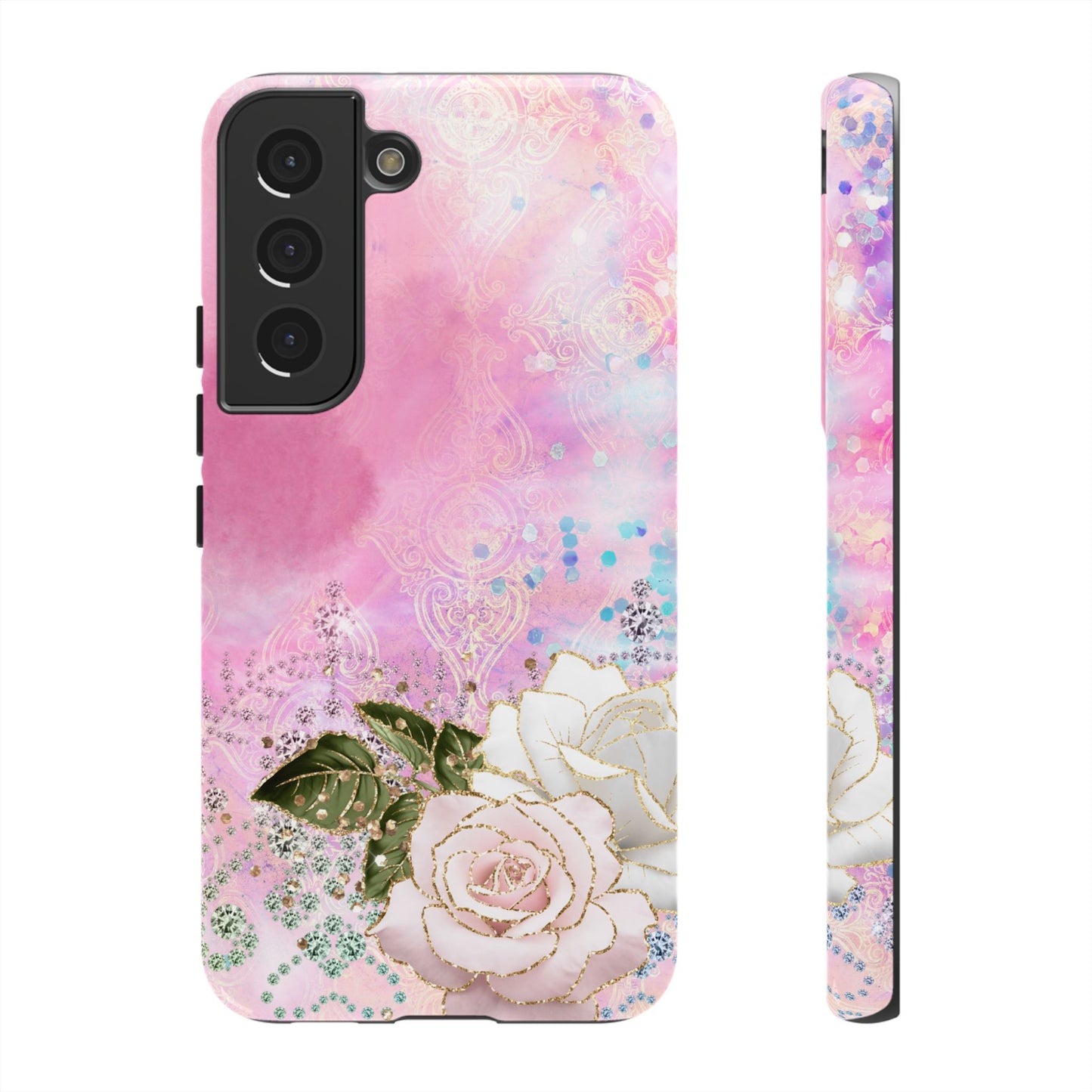 Luxury Pink & White Rose Glitter Mobile Case – Elegant & Shimmering Design