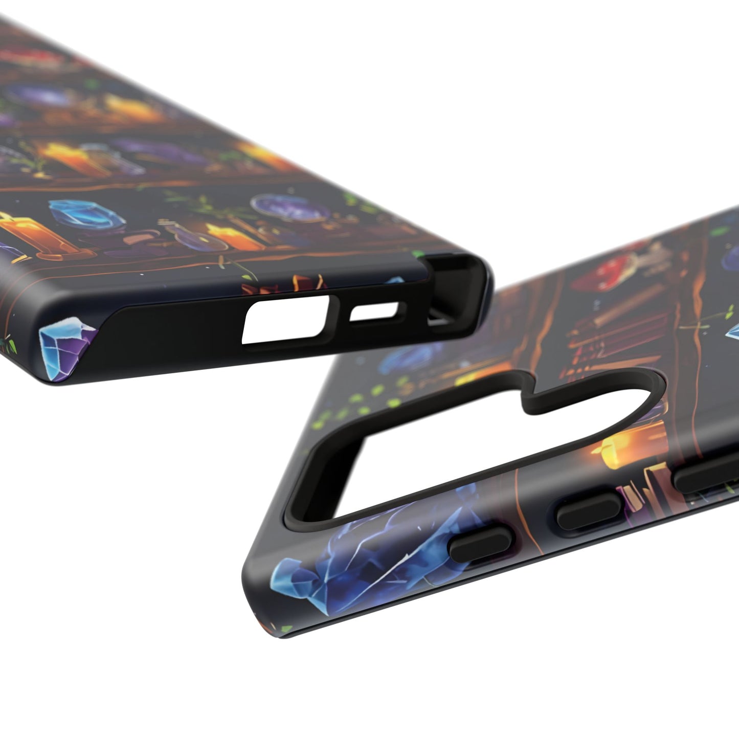 Fantasy Seamless Pattern Of Wooden Shelves Filled With Mystical Items phone case design.