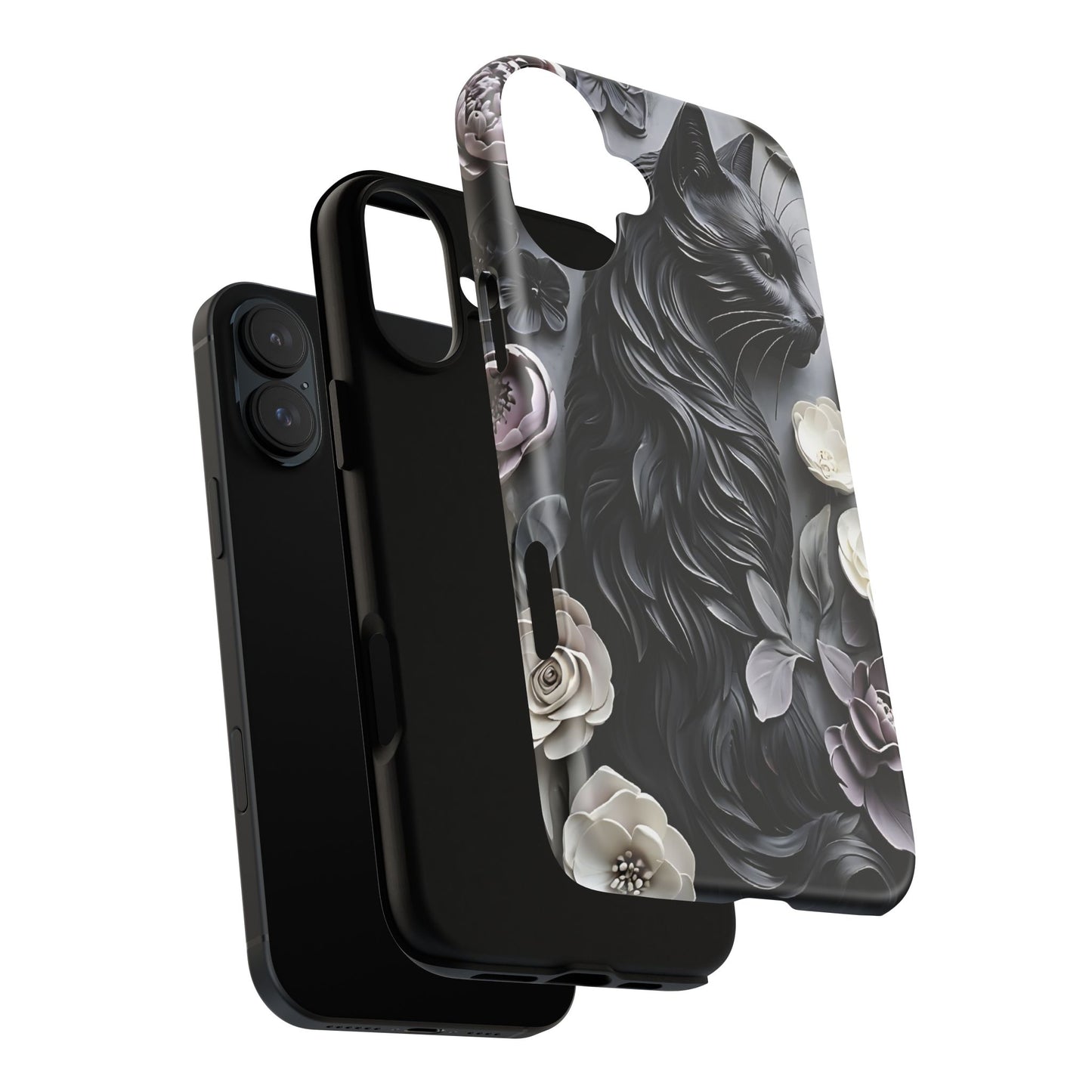 Intricate Bas-Relief Sculpture Of Black Cat Among Flowers phone case design