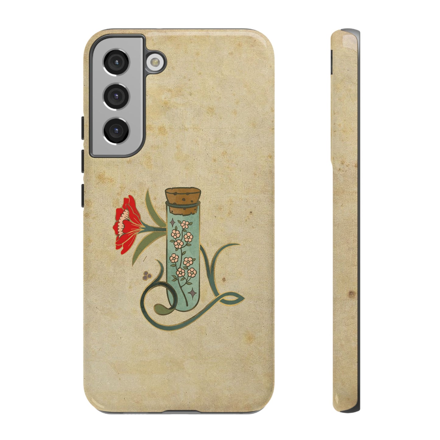 Vintage Floral Glass Tube Phone Case – Minimal Aesthetic, Beige Background (iPhone, Samsung, Pixel)