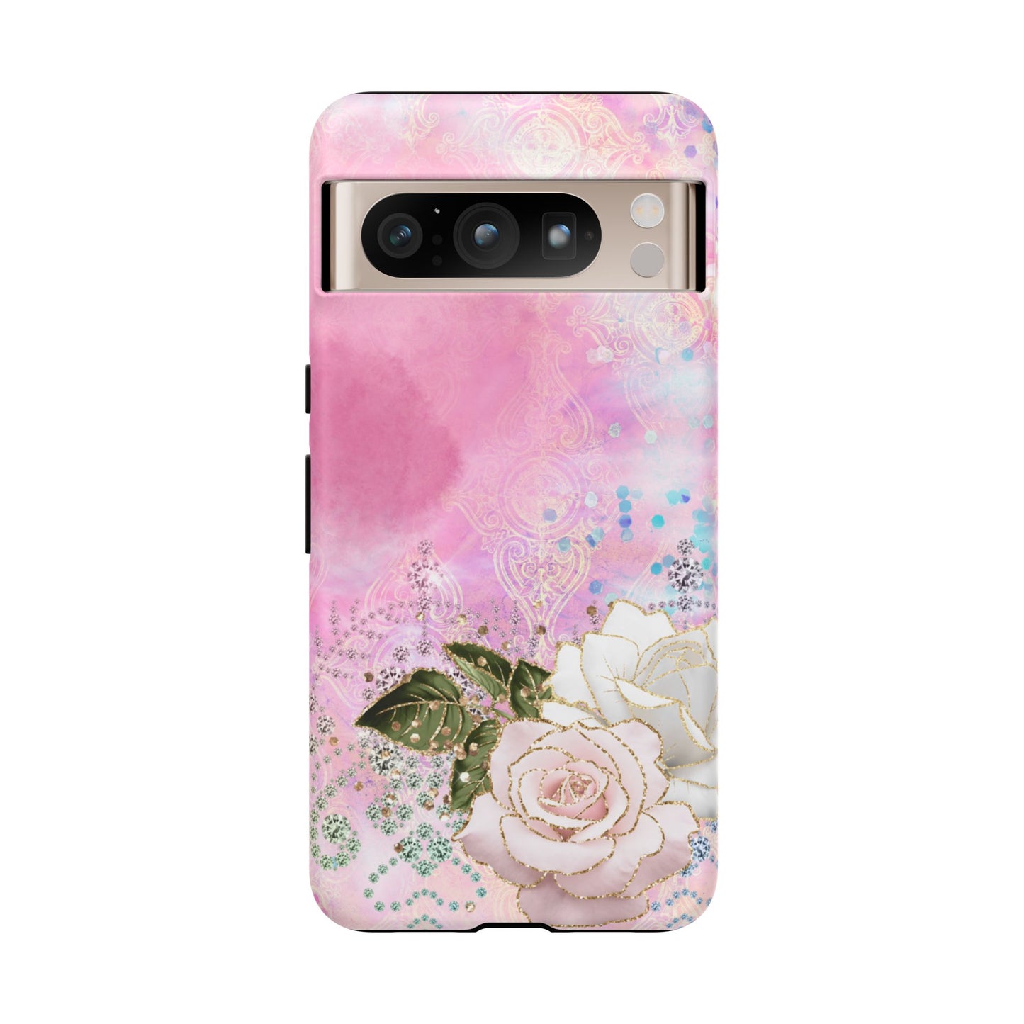 Luxury Pink & White Rose Glitter Mobile Case – Elegant & Shimmering Design