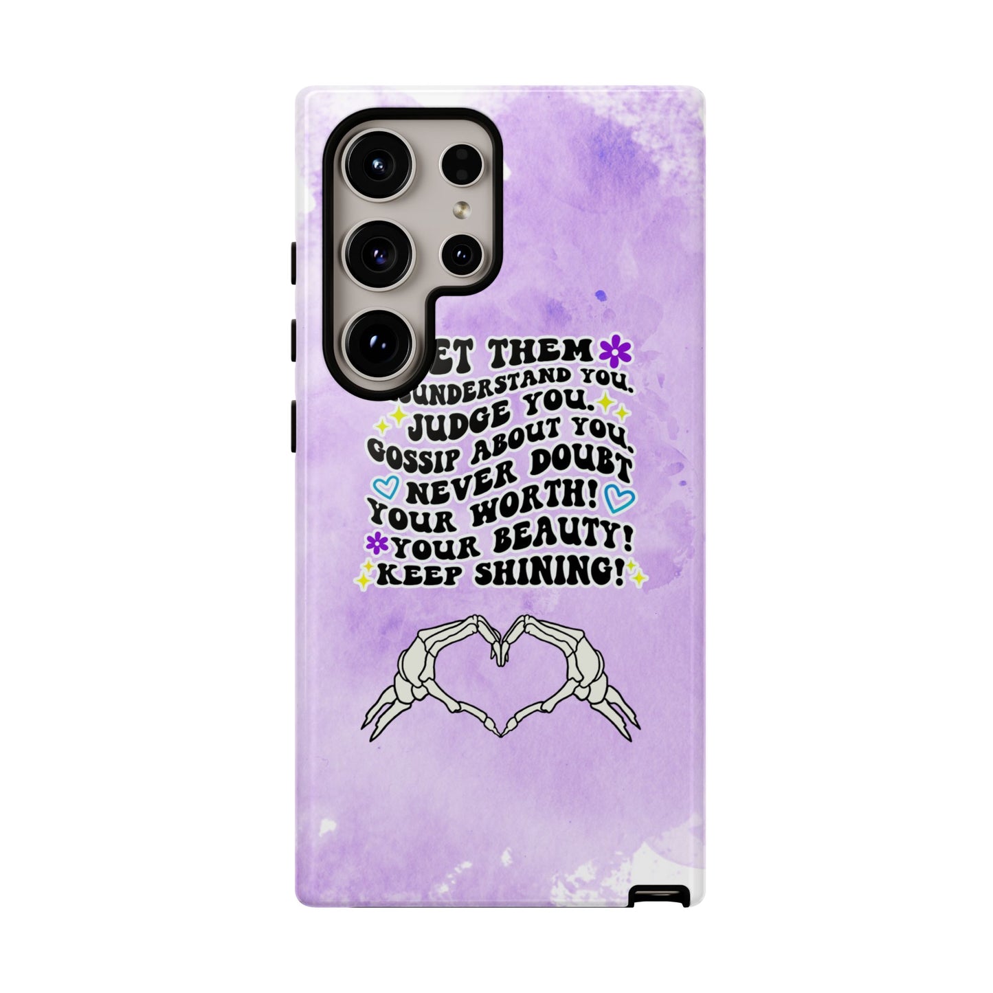 Skeleton Hand Heart Phone Case, Let Them Misunderstand You, Judge You, Gossip About You, Never Doubt Your Worth, Your Beauty Keep Shining Phone Case, Motivational Quote Cover for iPhone, Samsung & Google Pixel White Peach Checkered Pattern Phone Cover