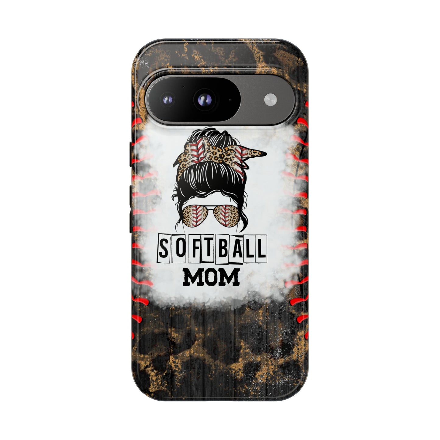 Softball Mom Phone Case for iPhone, Samsung & Google Pixel, Messy Bun Phone Case, Leopard Print Phone Case, Sports Lover Gift