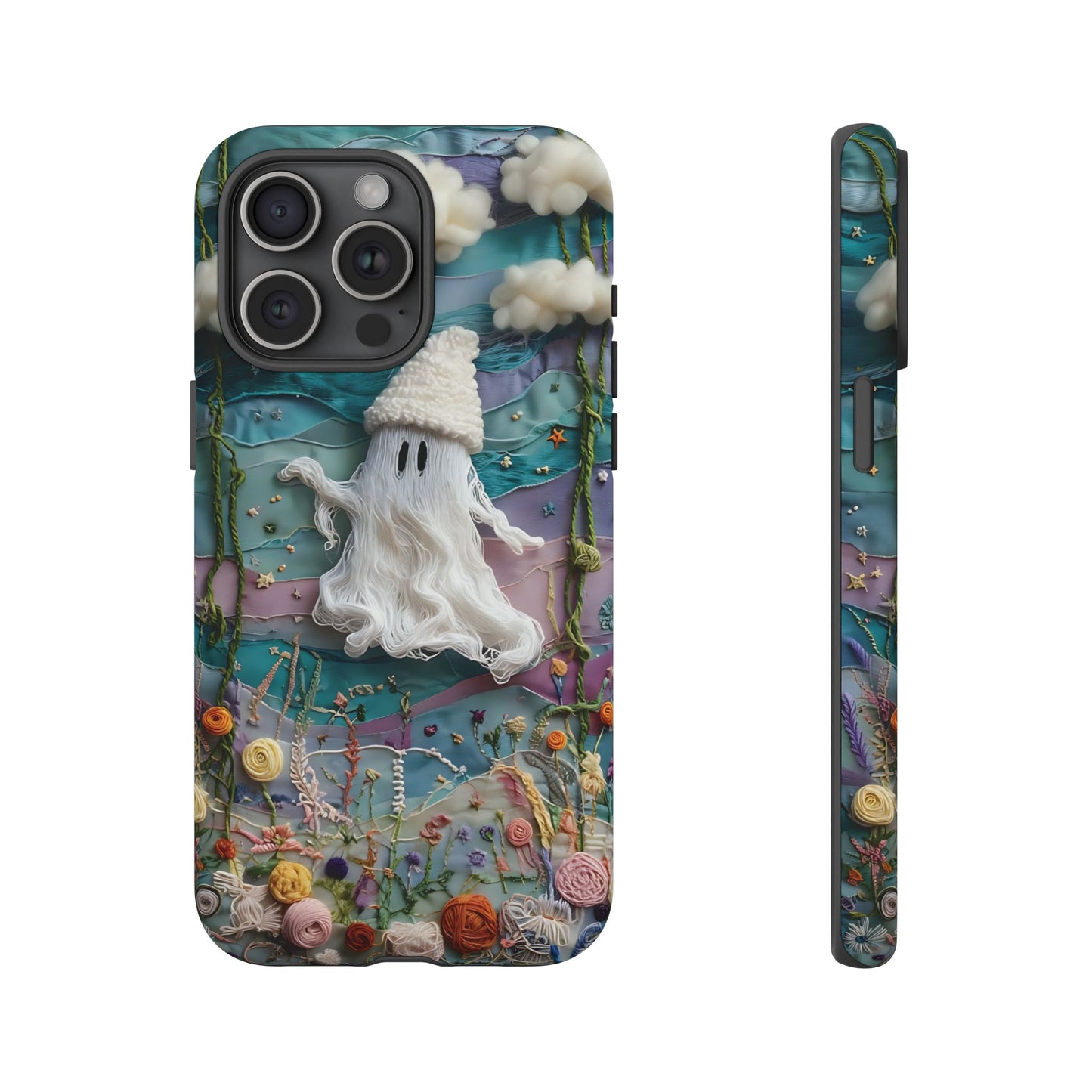 Whimsical Ghost Surrounded By Vibrant Embroidered Flowers phone case design.