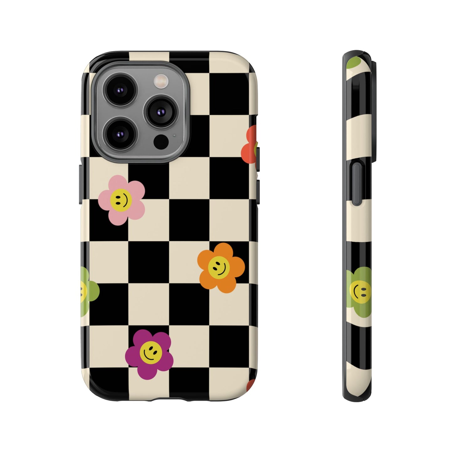 Retro Floral Phone Case – Vintage Flowers on Black & Beige Tiles, Chess Phone Case | For iPhone, Samsung & Google Pixel
