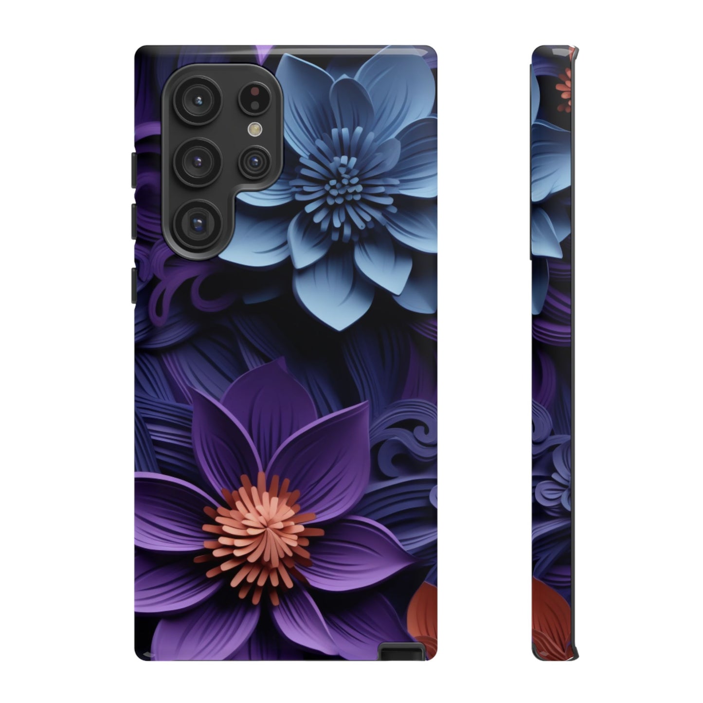 3D Floral Elegance Mobile Case – Midnight Blue & Purple Bloom