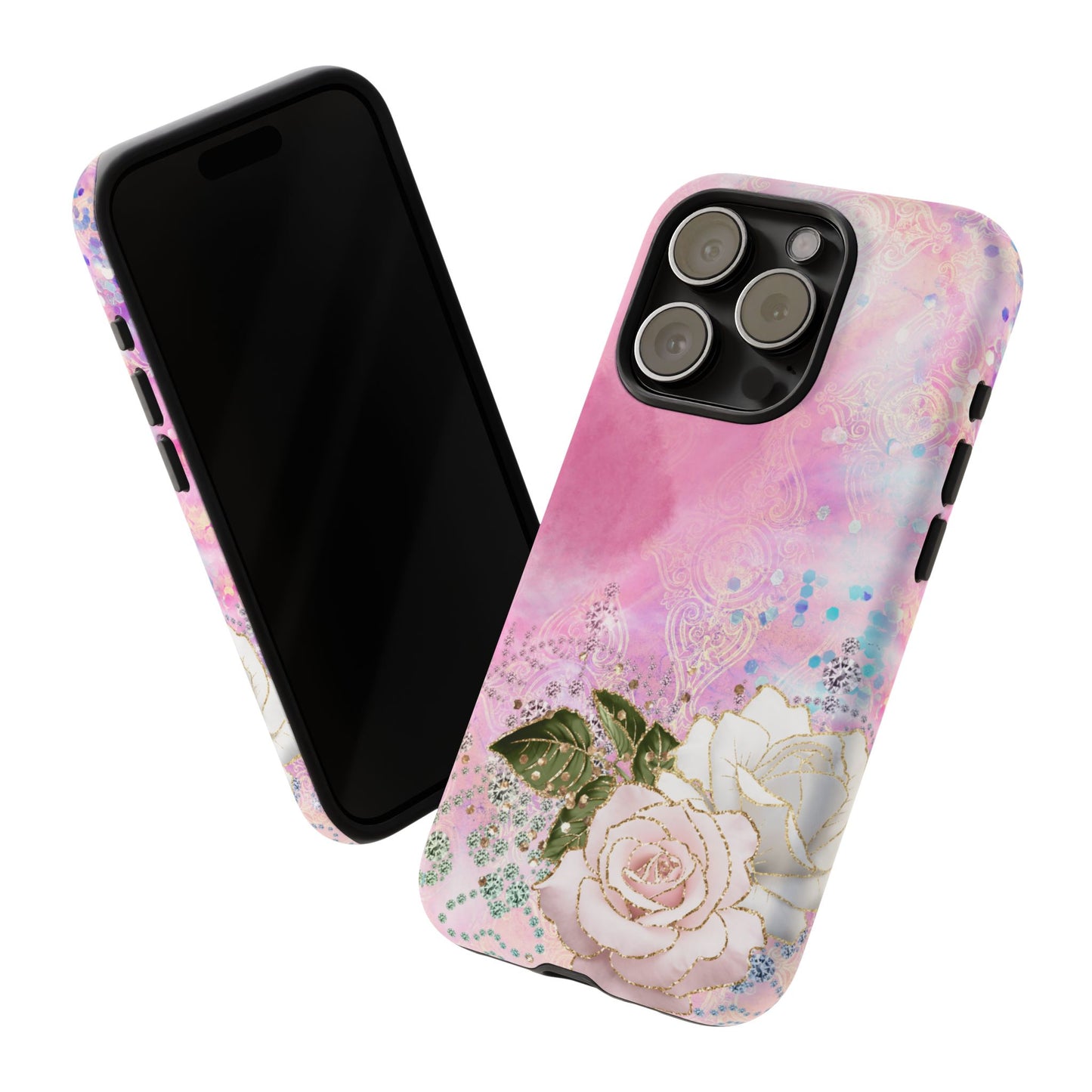 Luxury Pink & White Rose Glitter Mobile Case – Elegant & Shimmering Design