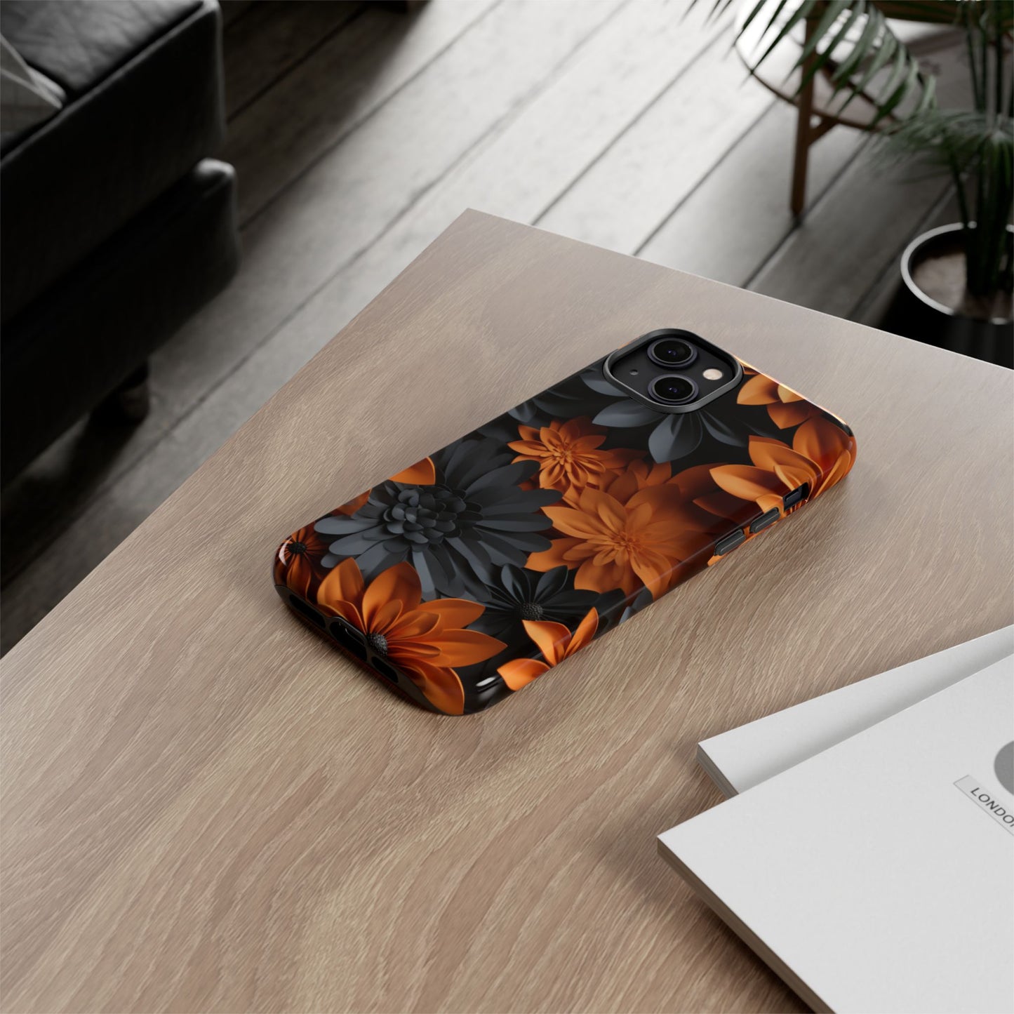 Orange & Black 3D Floral Mobile Case