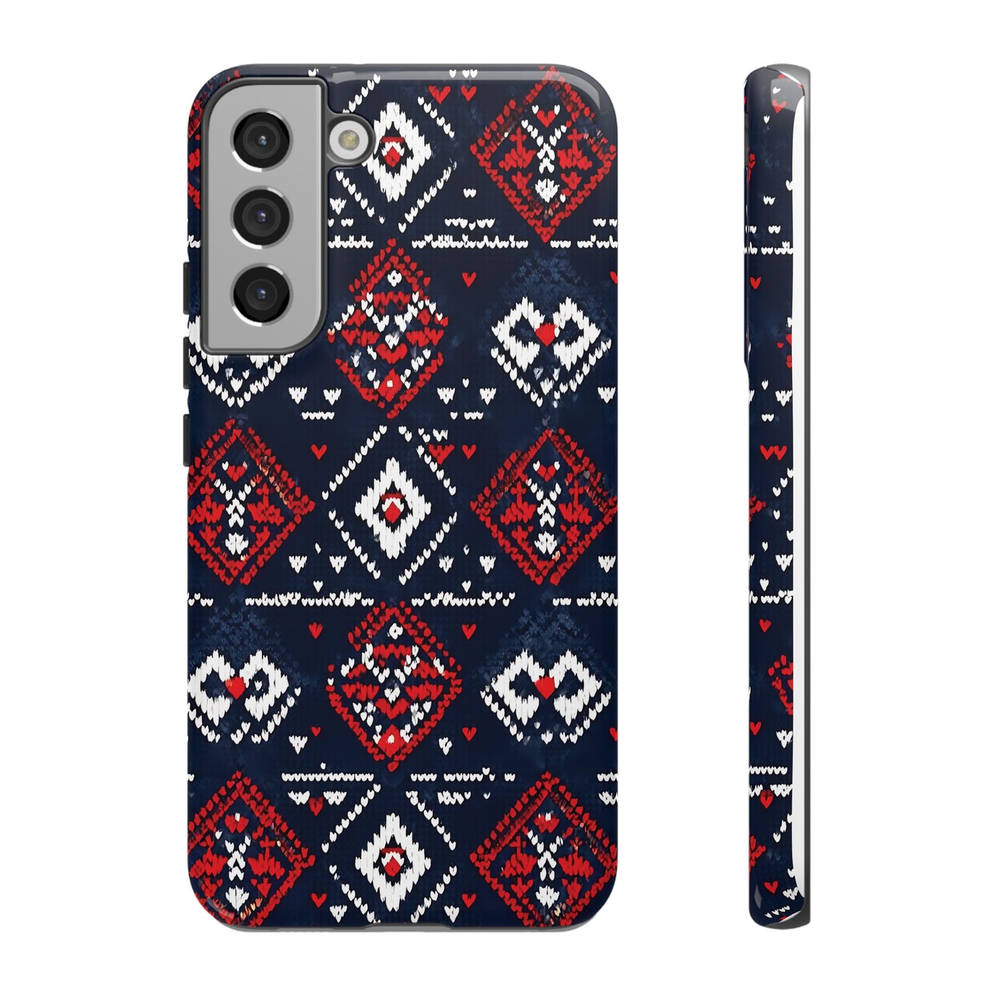 Knitted Pattern With Diamonds And Festive Motifs On Navy phone case design.