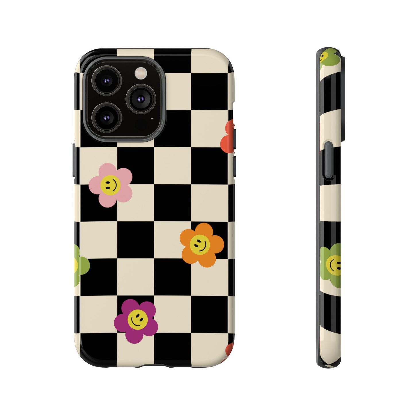 Retro Floral Phone Case – Vintage Flowers on Black & Beige Tiles, Chess Phone Case | For iPhone, Samsung & Google Pixel