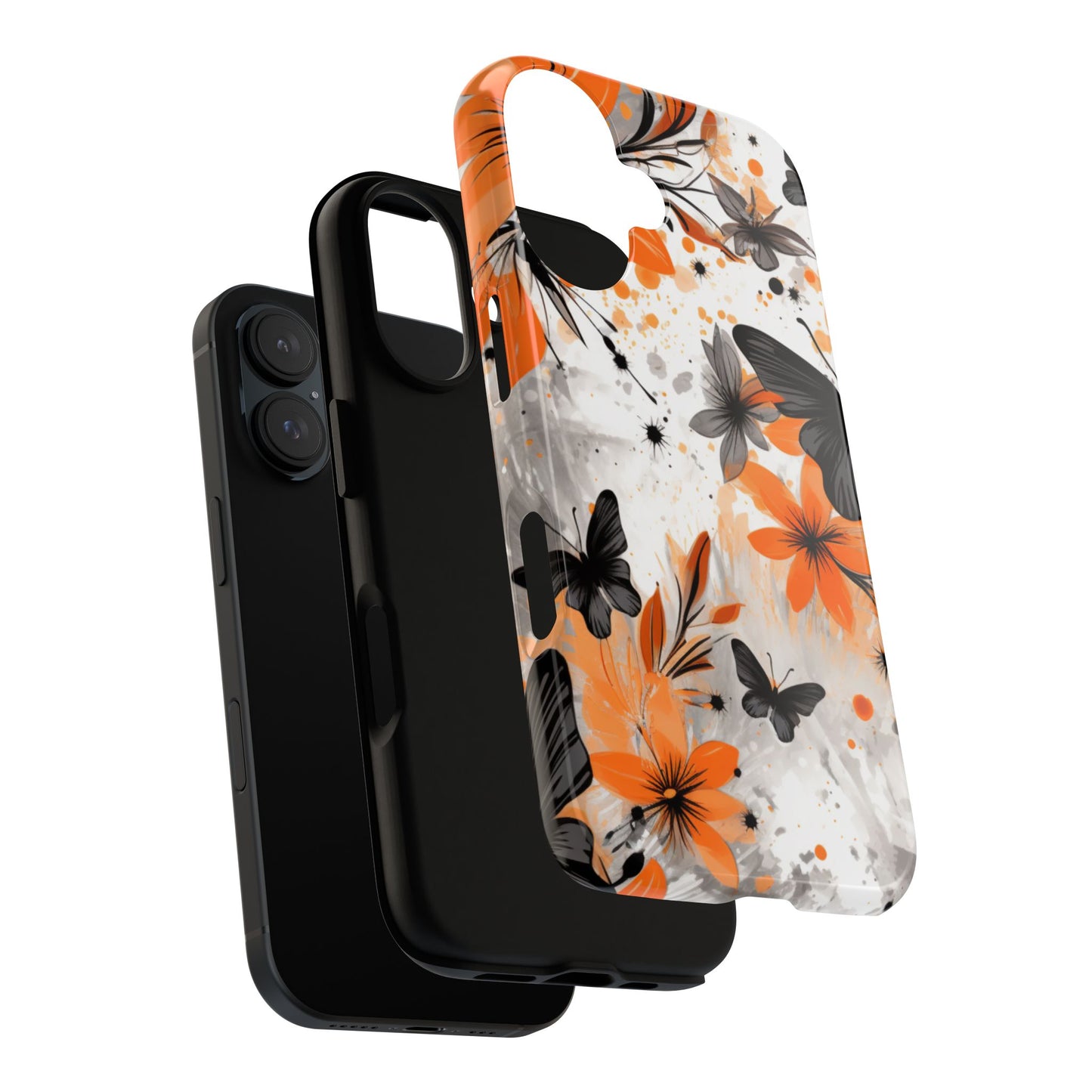 Bold Butterfly & Floral Splash Mobile Cover – Black & Orange Aesthetic