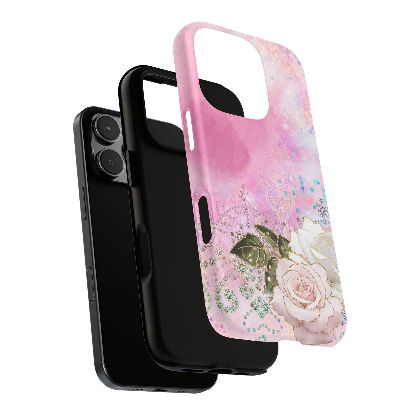 Luxury Pink & White Rose Glitter Mobile Case – Elegant & Shimmering Design
