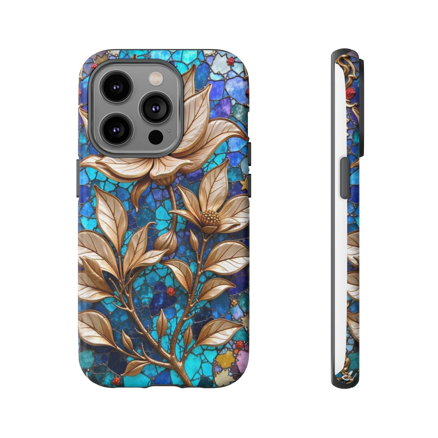 Golden Blossoms on Mosaic Blue Elegance