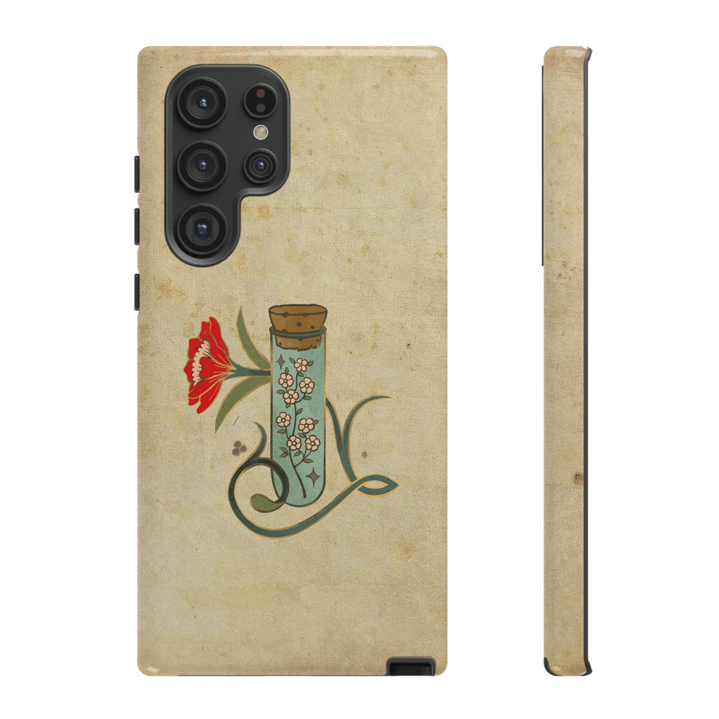 Vintage Floral Glass Tube Phone Case – Minimal Aesthetic, Beige Background (iPhone, Samsung, Pixel)