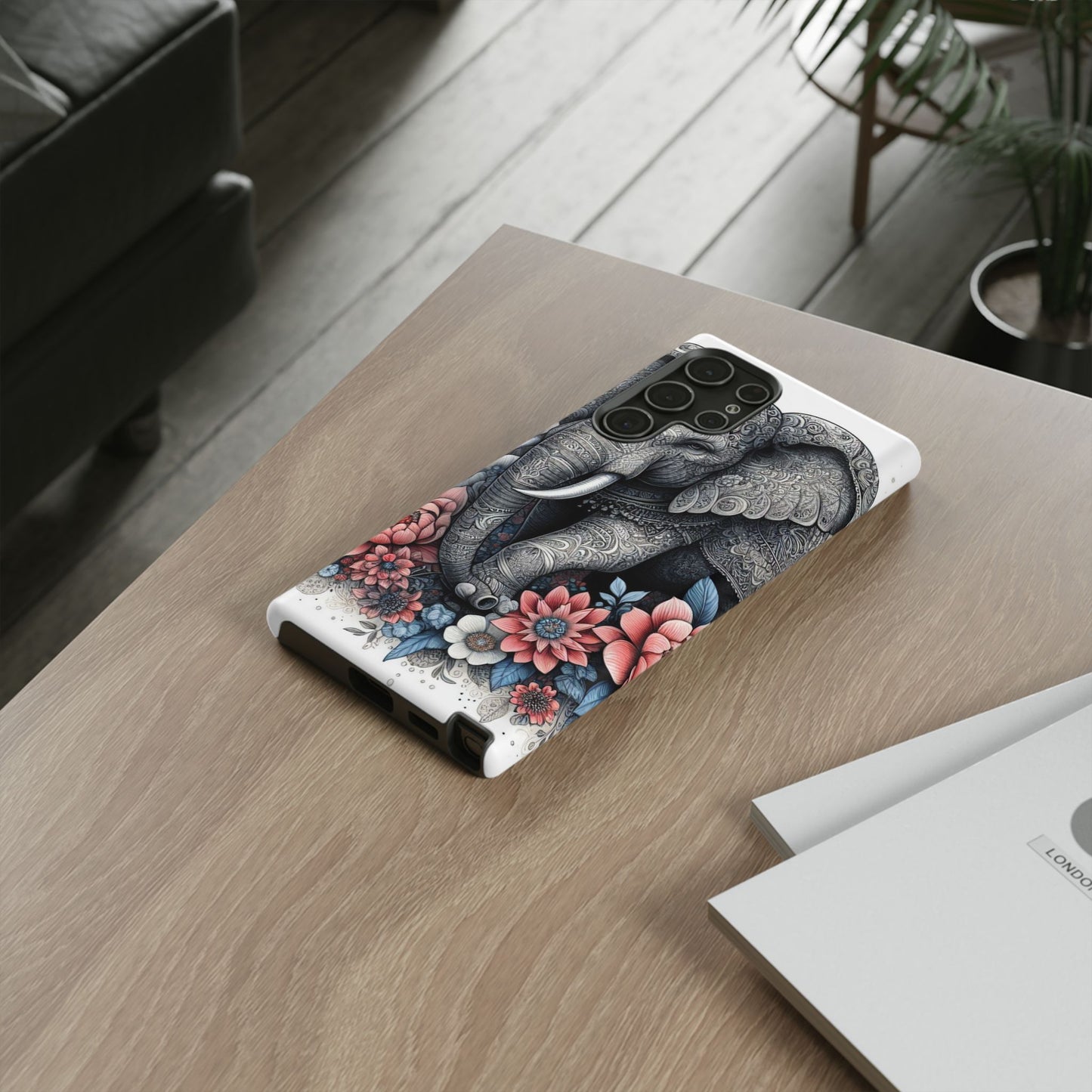 Mandala Elephant Mobile Cover – Elegant Black & White Floral Art