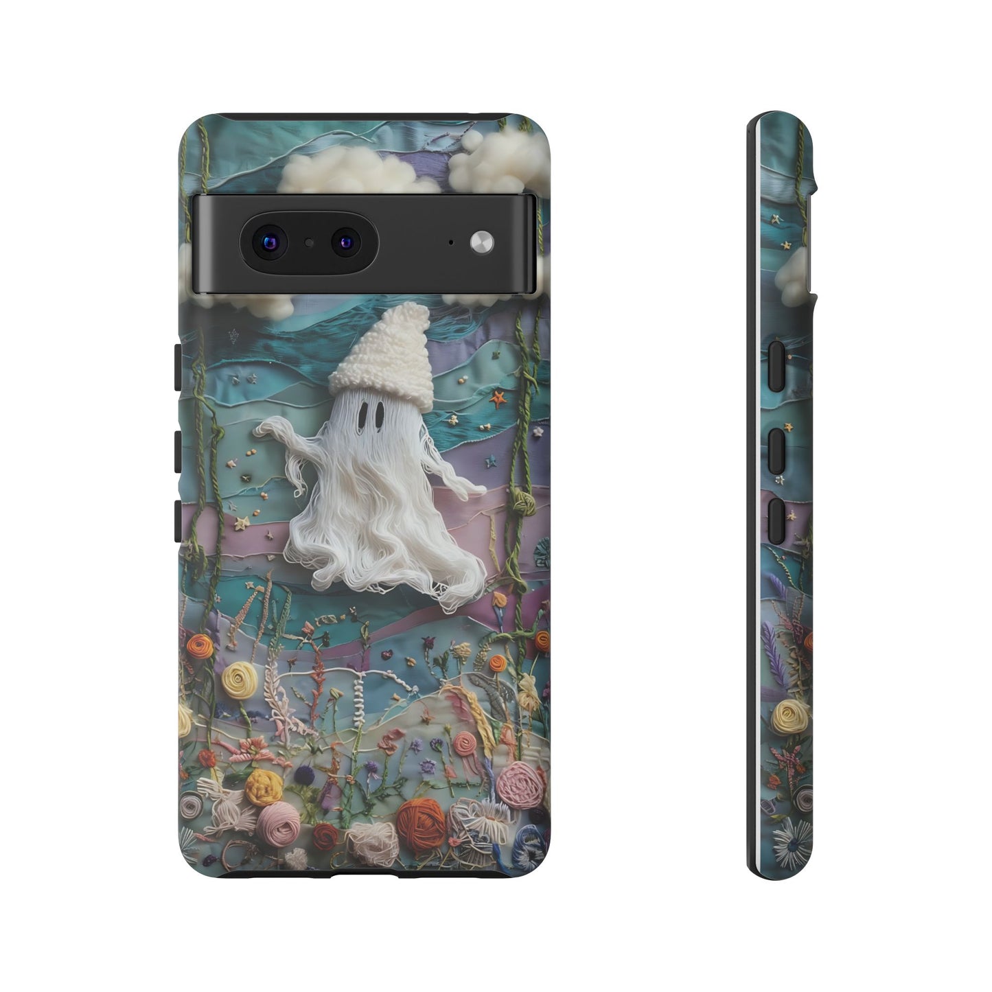 Whimsical Ghost Surrounded By Vibrant Embroidered Flowers phone case design.