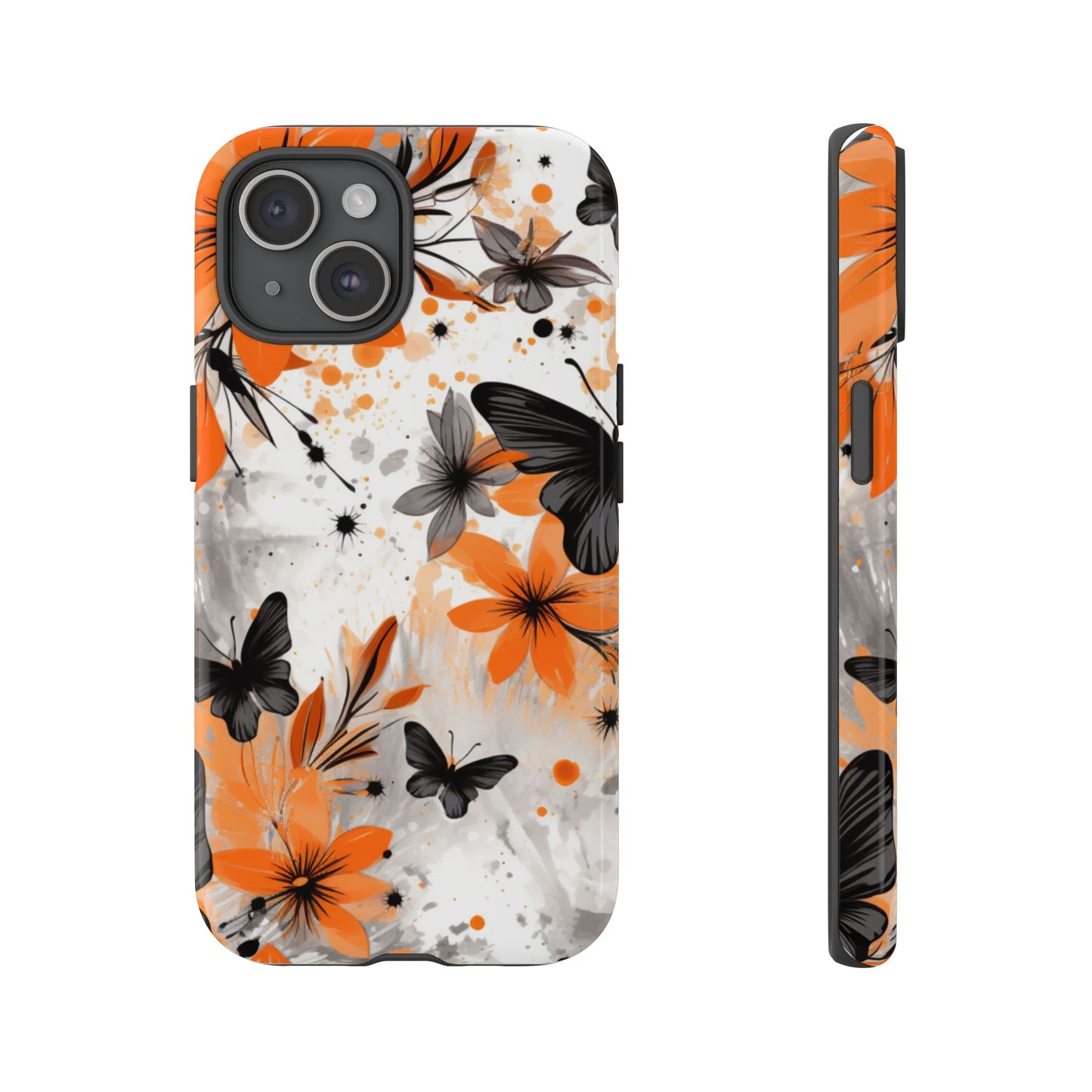 Bold Butterfly & Floral Splash Mobile Cover – Black & Orange Aesthetic