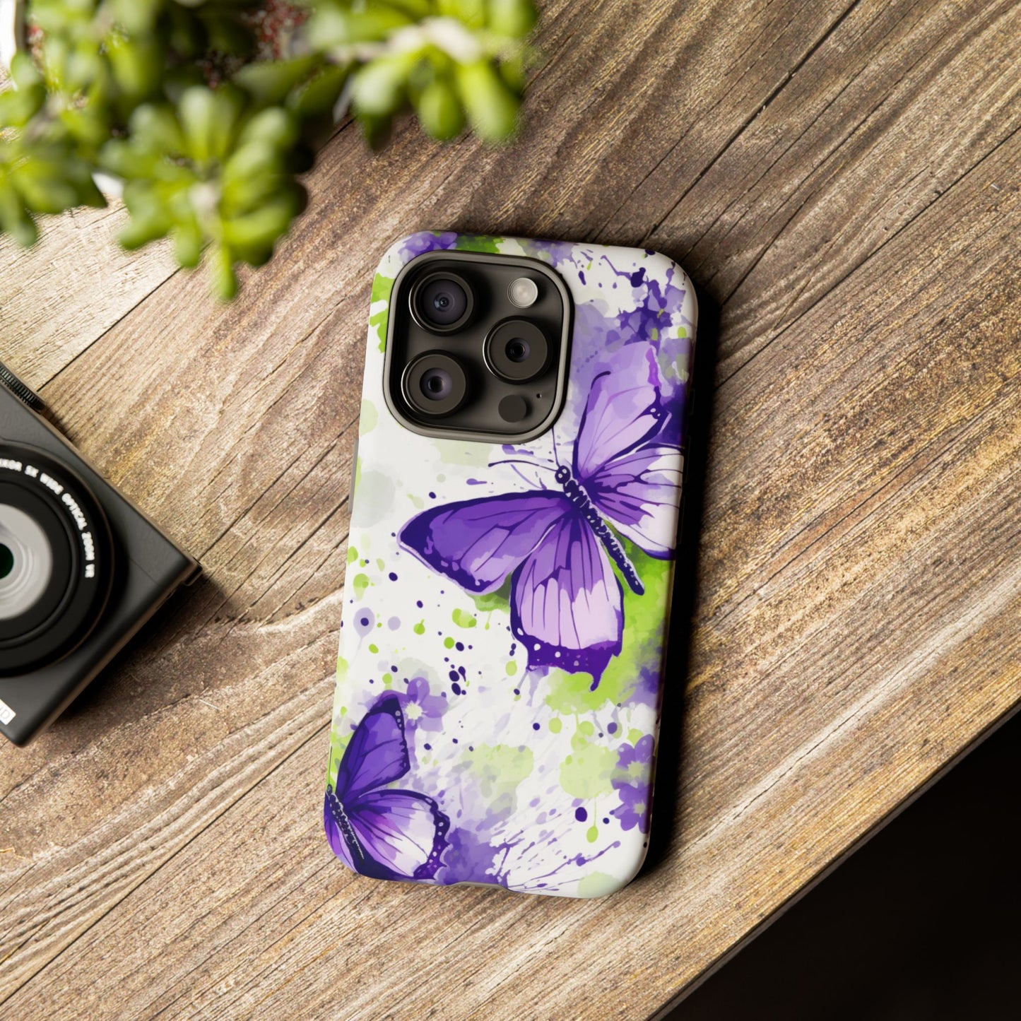 Vibrant Purple Butterfly Splash Mobile Cover – Artistic Green & Violet Aesthetic