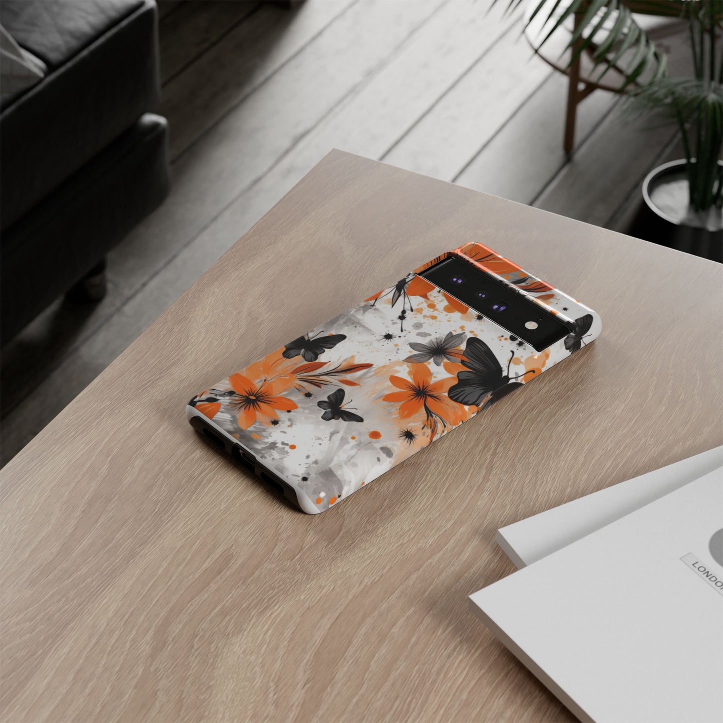 Bold Butterfly & Floral Splash Mobile Cover – Black & Orange Aesthetic