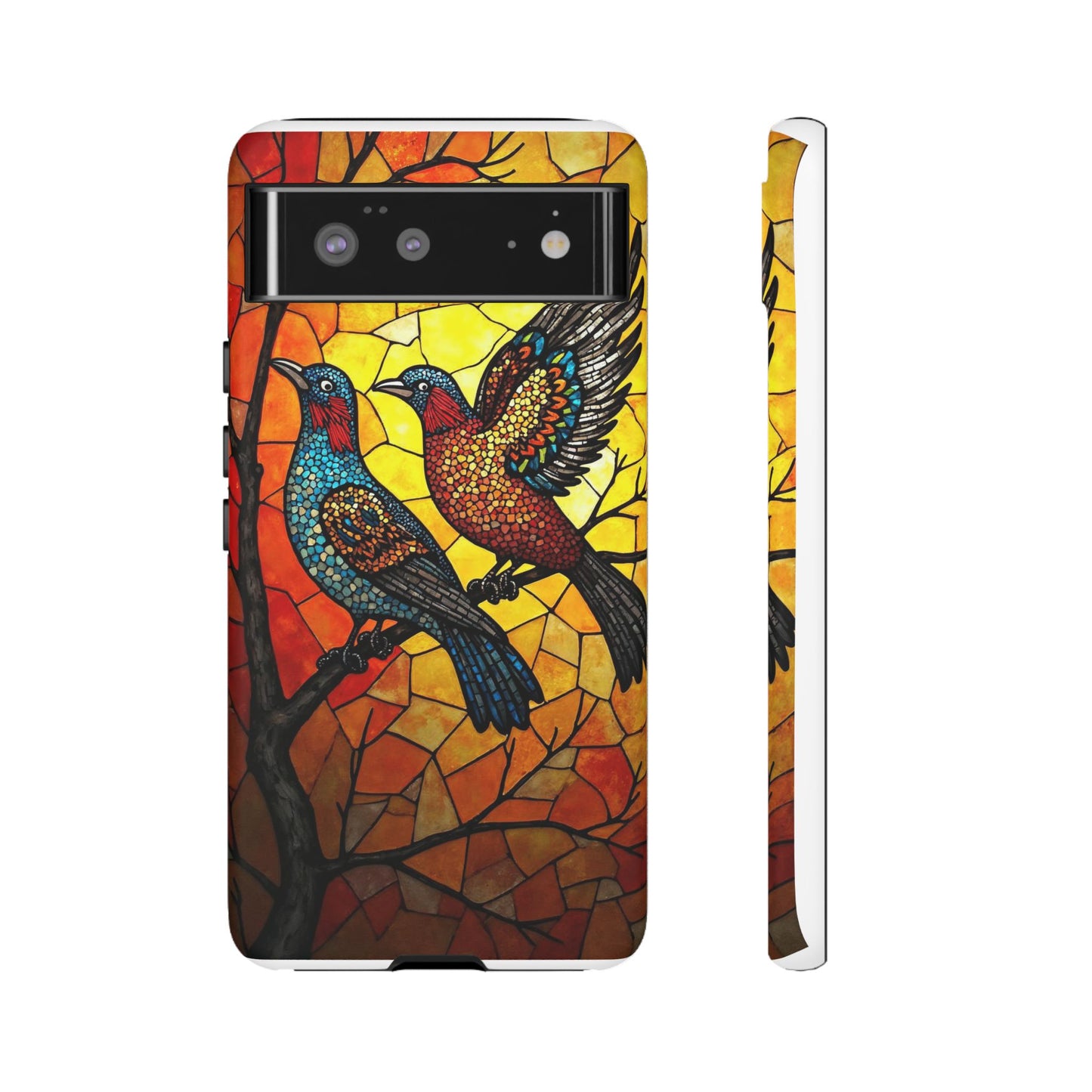 Vibrant Hummingbirds with Stained Glass Charm