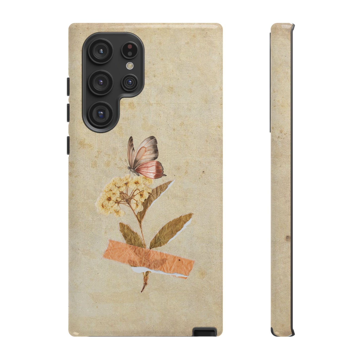 Minimal Vintage Floral Phone Case – Yellow Flower & Butterfly on Beige | For iPhone, Samsung & Google Pixel