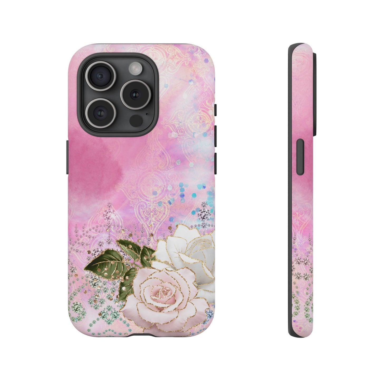 Luxury Pink & White Rose Glitter Mobile Case – Elegant & Shimmering Design