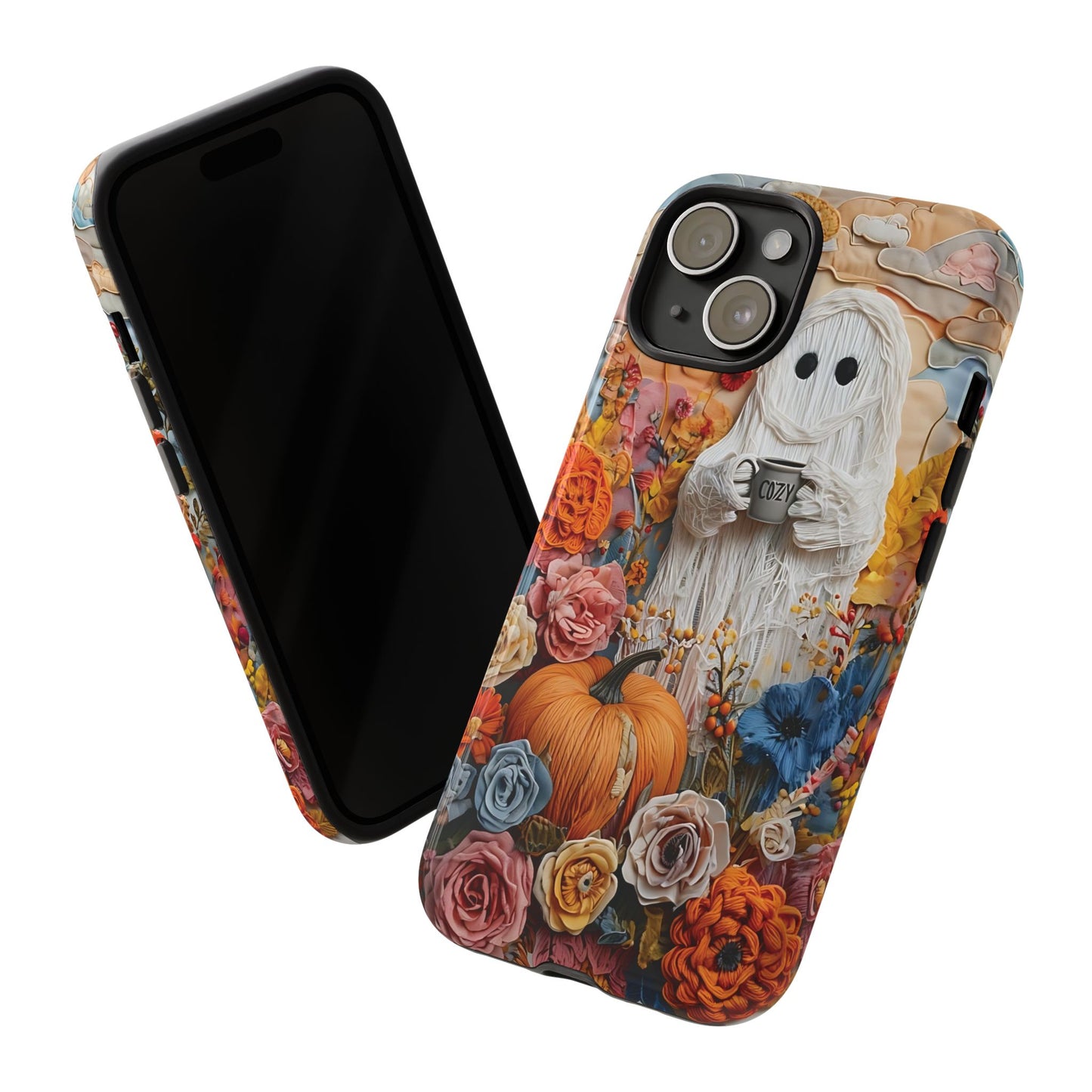 Colorful Whimsical Artwork of Ghost in Autumn Scene phone case design.