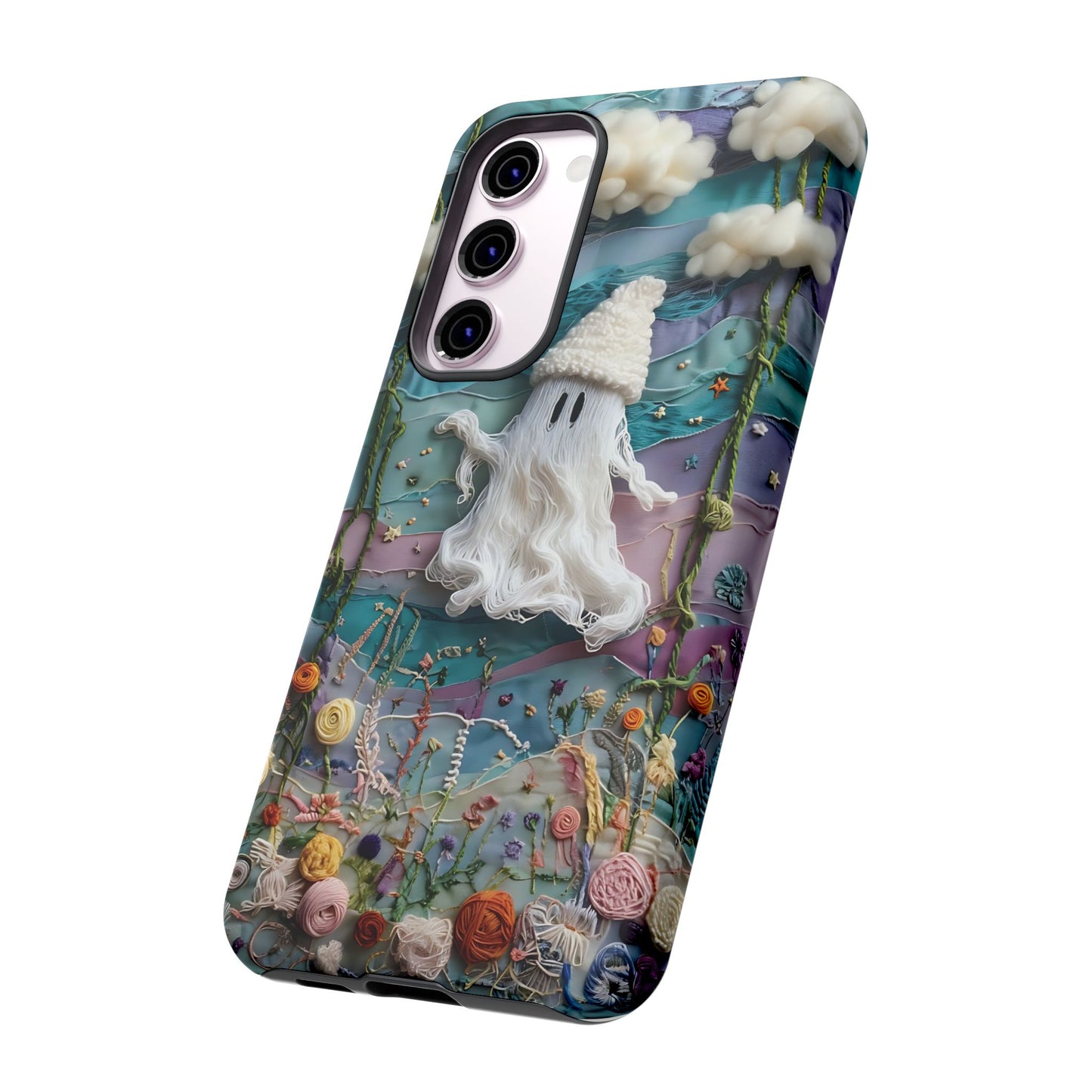 Whimsical Ghost Surrounded By Vibrant Embroidered Flowers phone case design.