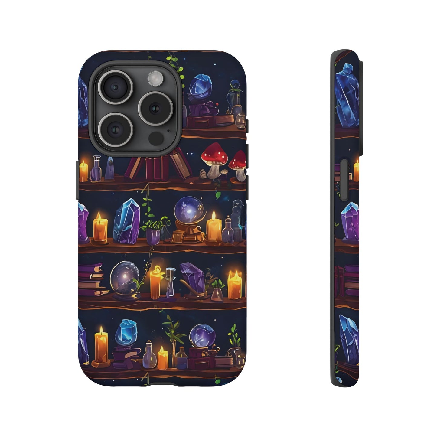 Fantasy Seamless Pattern Of Wooden Shelves Filled With Mystical Items phone case design.