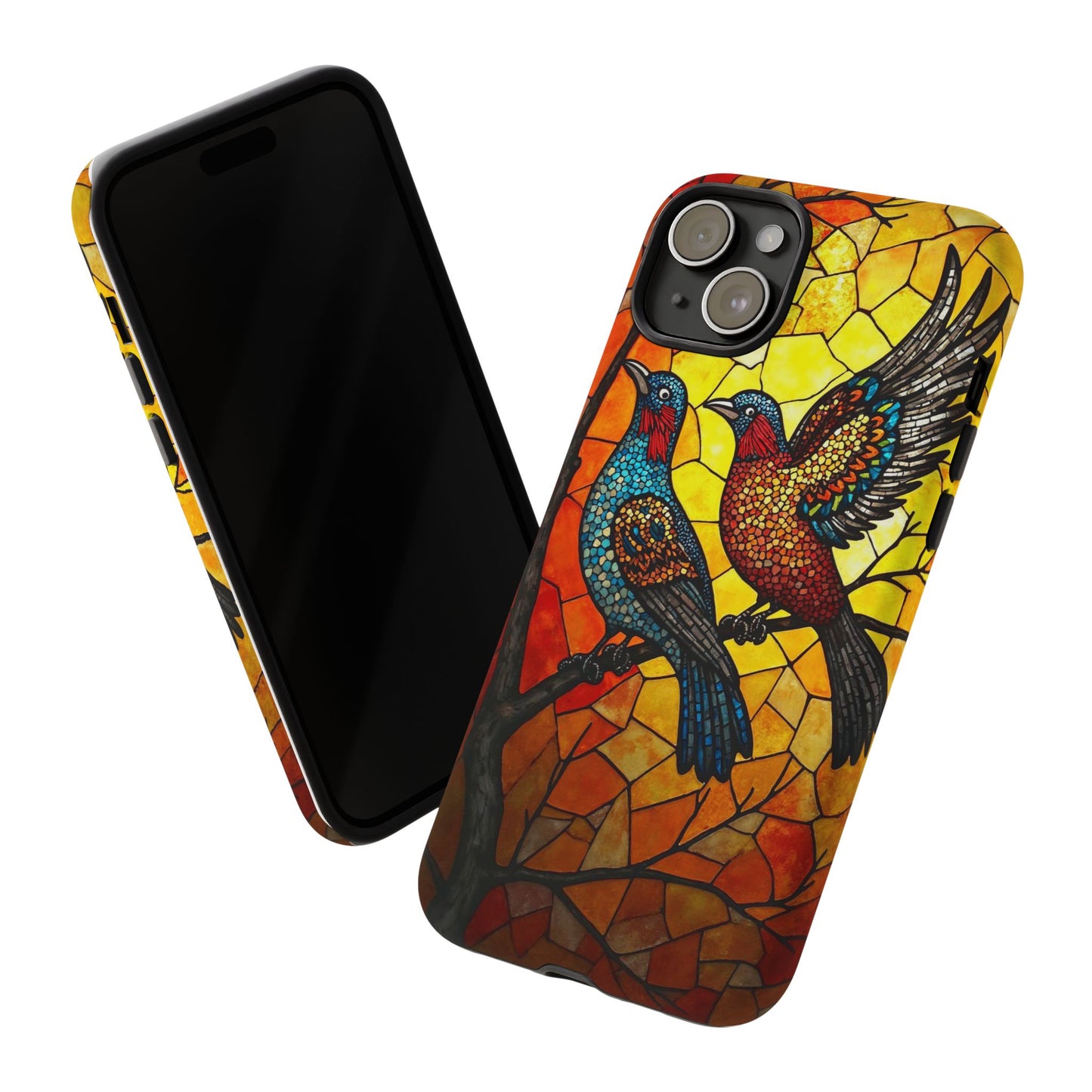 Vibrant Hummingbirds with Stained Glass Charm