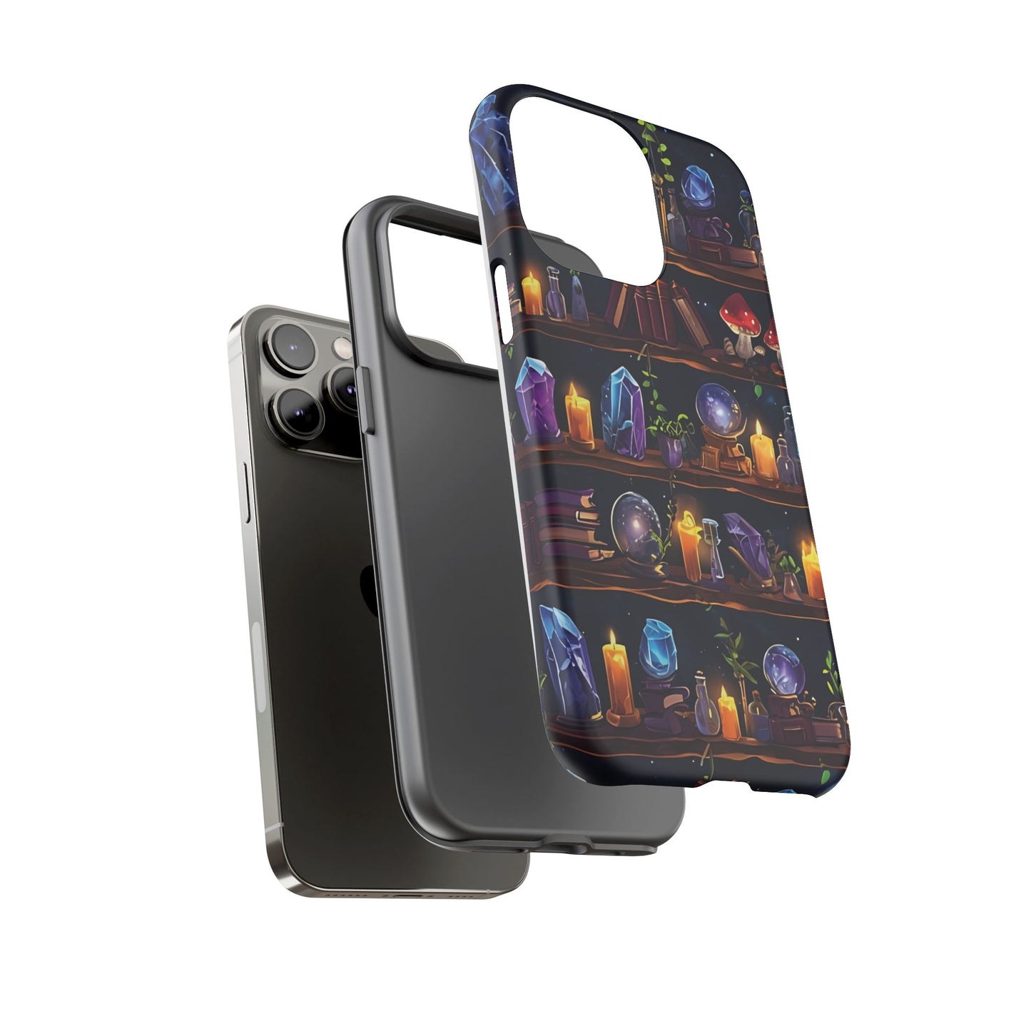 Fantasy Seamless Pattern Of Wooden Shelves Filled With Mystical Items phone case design.