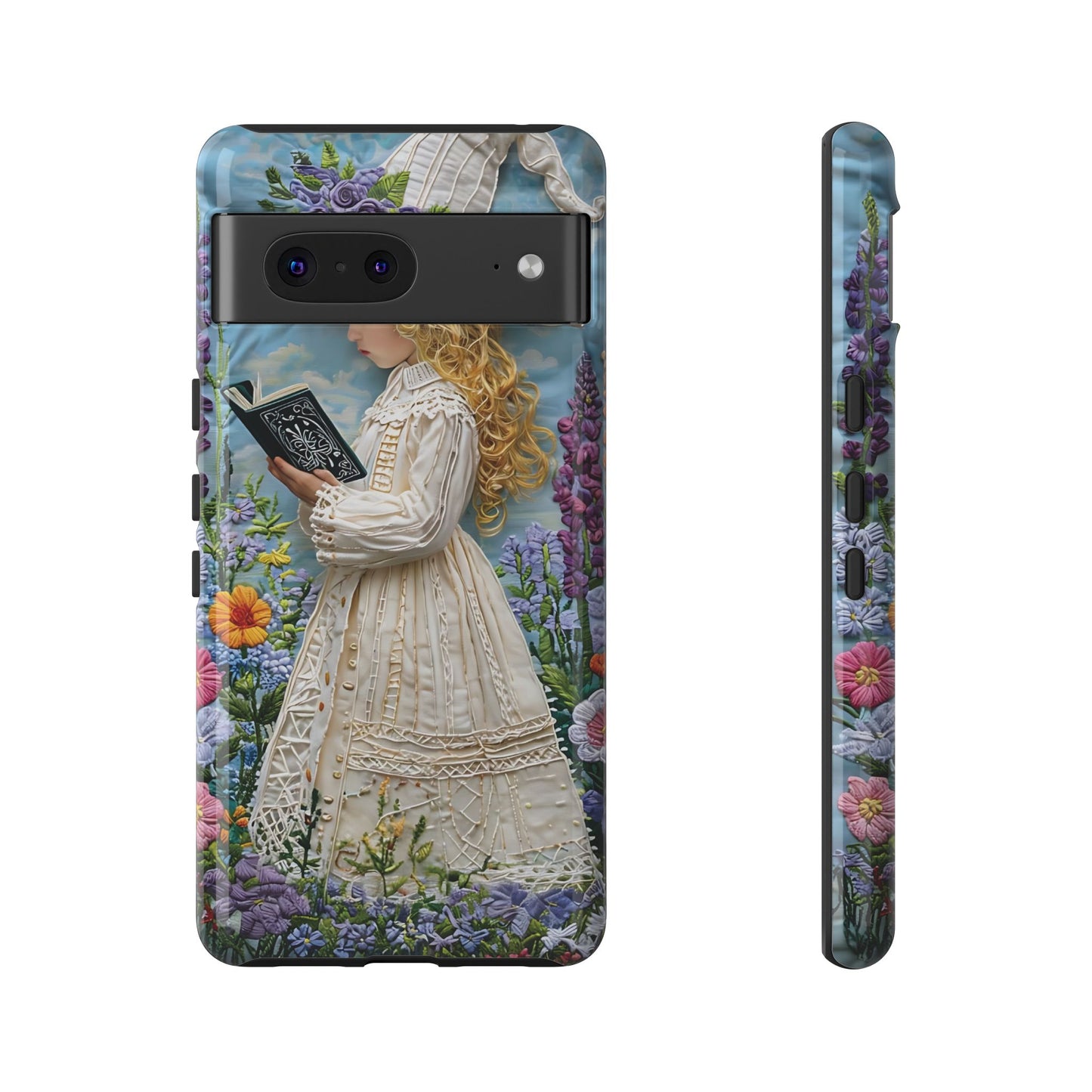 Whimsical Embroidery Of A Girl Reading In A Garden phone case design.