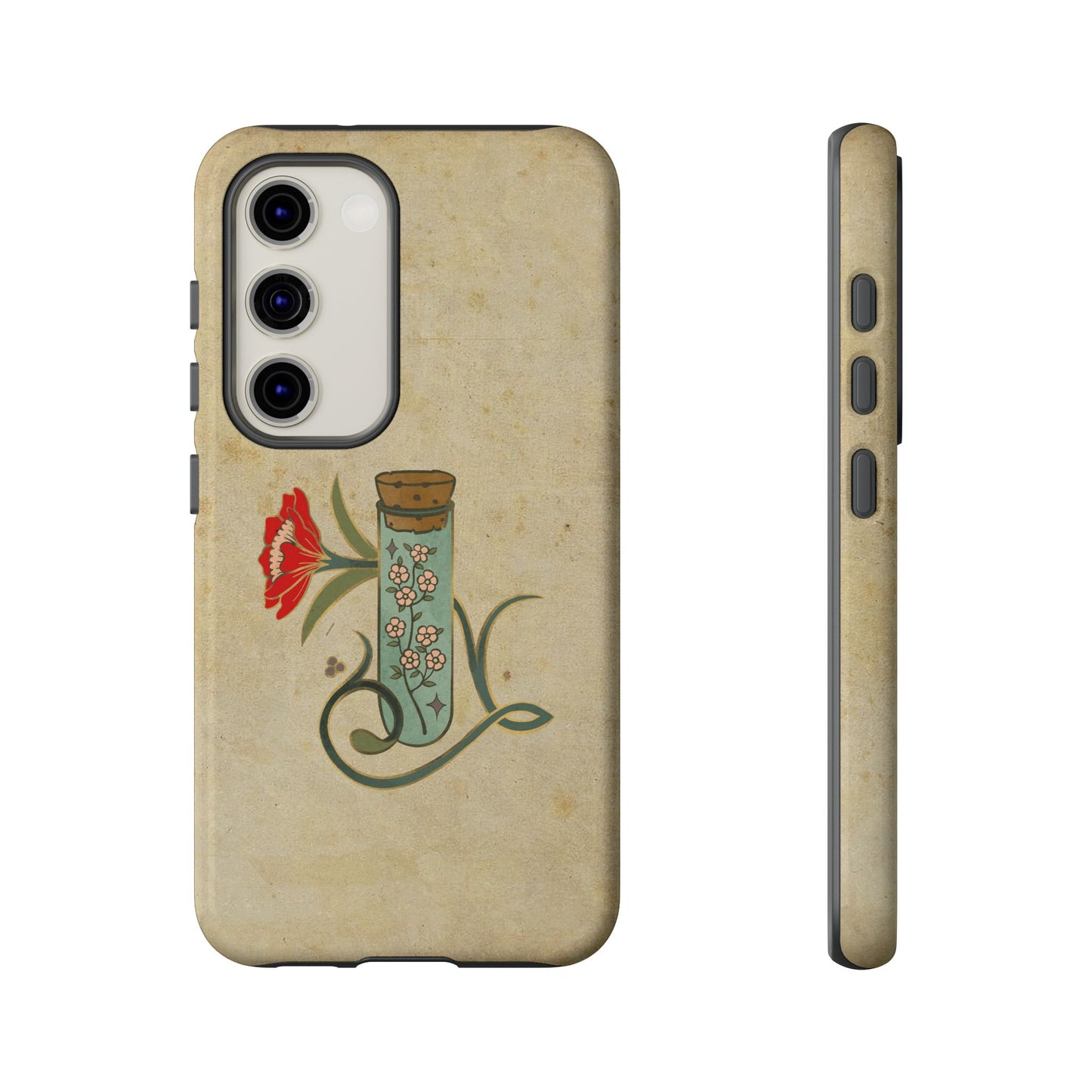 Vintage Floral Glass Tube Phone Case – Minimal Aesthetic, Beige Background (iPhone, Samsung, Pixel)