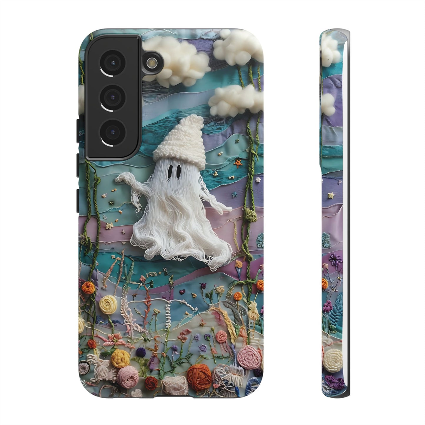 Whimsical Ghost Surrounded By Vibrant Embroidered Flowers phone case design.