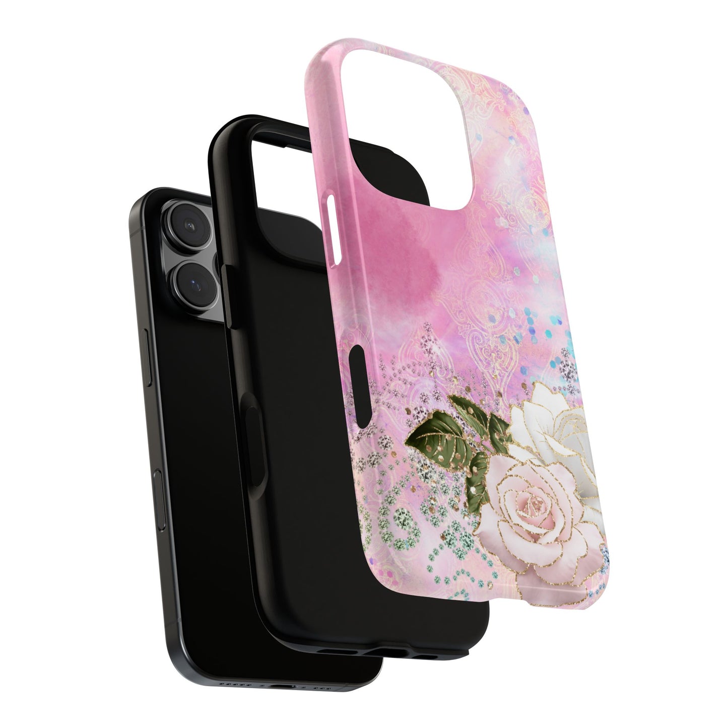 Luxury Pink & White Rose Glitter Mobile Case – Elegant & Shimmering Design