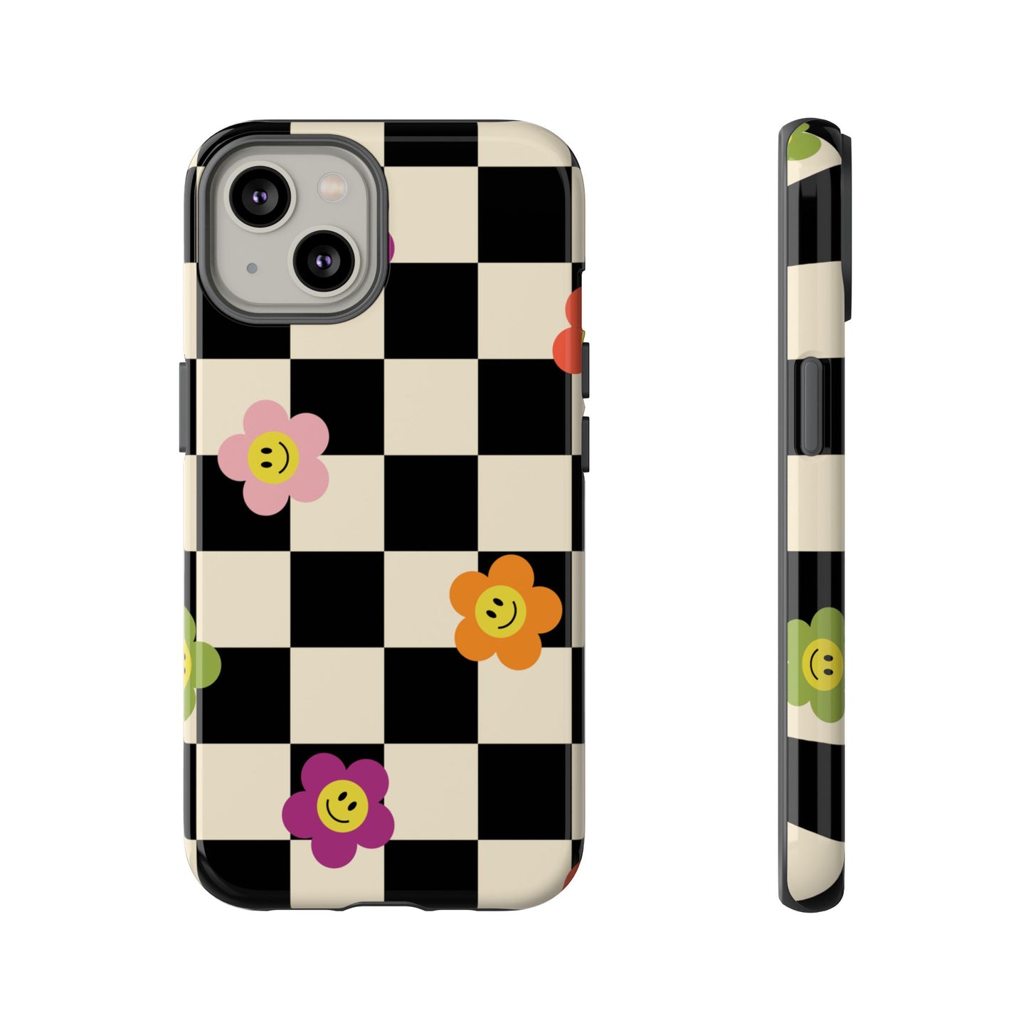 Retro Floral Phone Case – Vintage Flowers on Black & Beige Tiles, Chess Phone Case | For iPhone, Samsung & Google Pixel