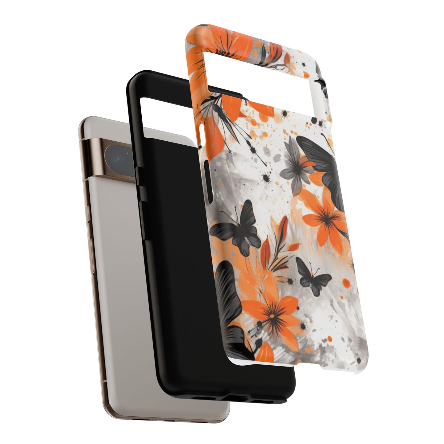Bold Butterfly & Floral Splash Mobile Cover – Black & Orange Aesthetic