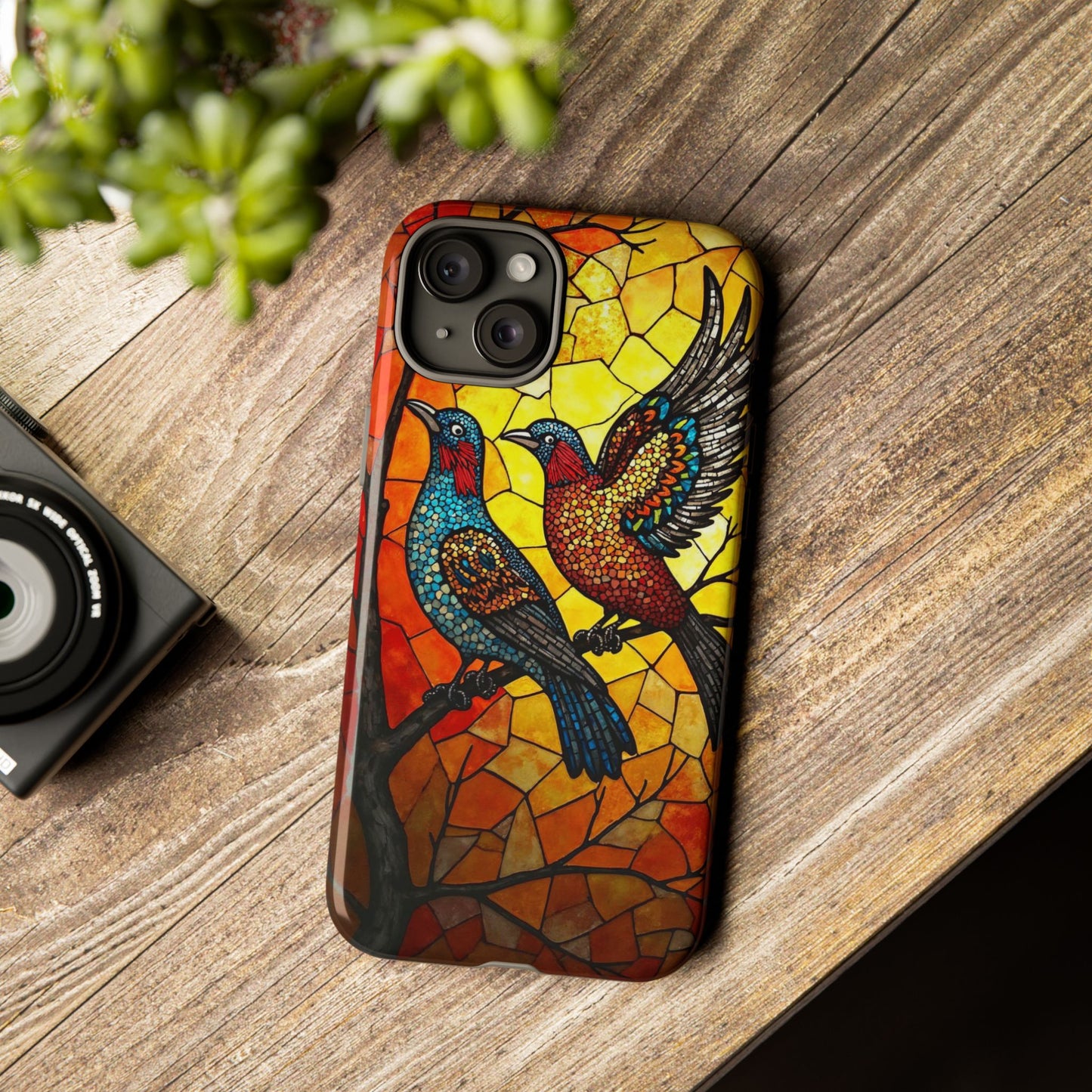 Vibrant Hummingbirds with Stained Glass Charm