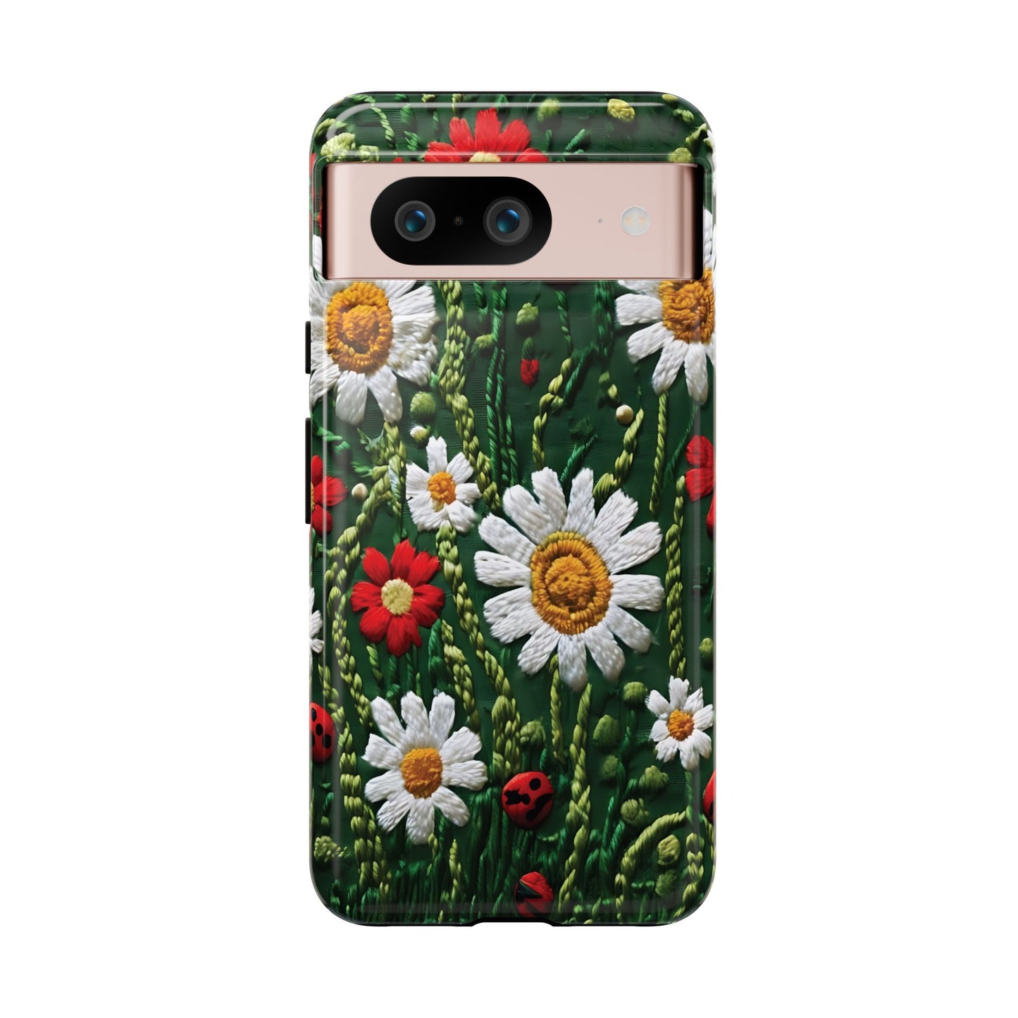 Intricate Embroidered Fabric Featuring Daisies And Ladybugs phone case design
