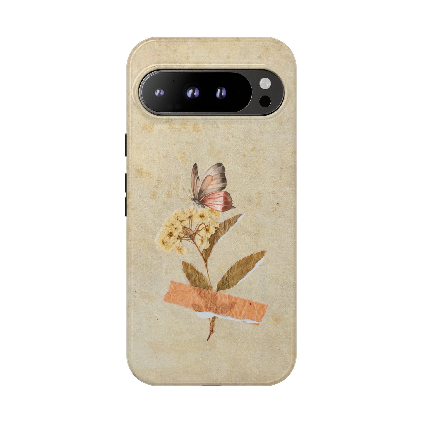Minimal Vintage Floral Phone Case – Yellow Flower & Butterfly on Beige | For iPhone, Samsung & Google Pixel