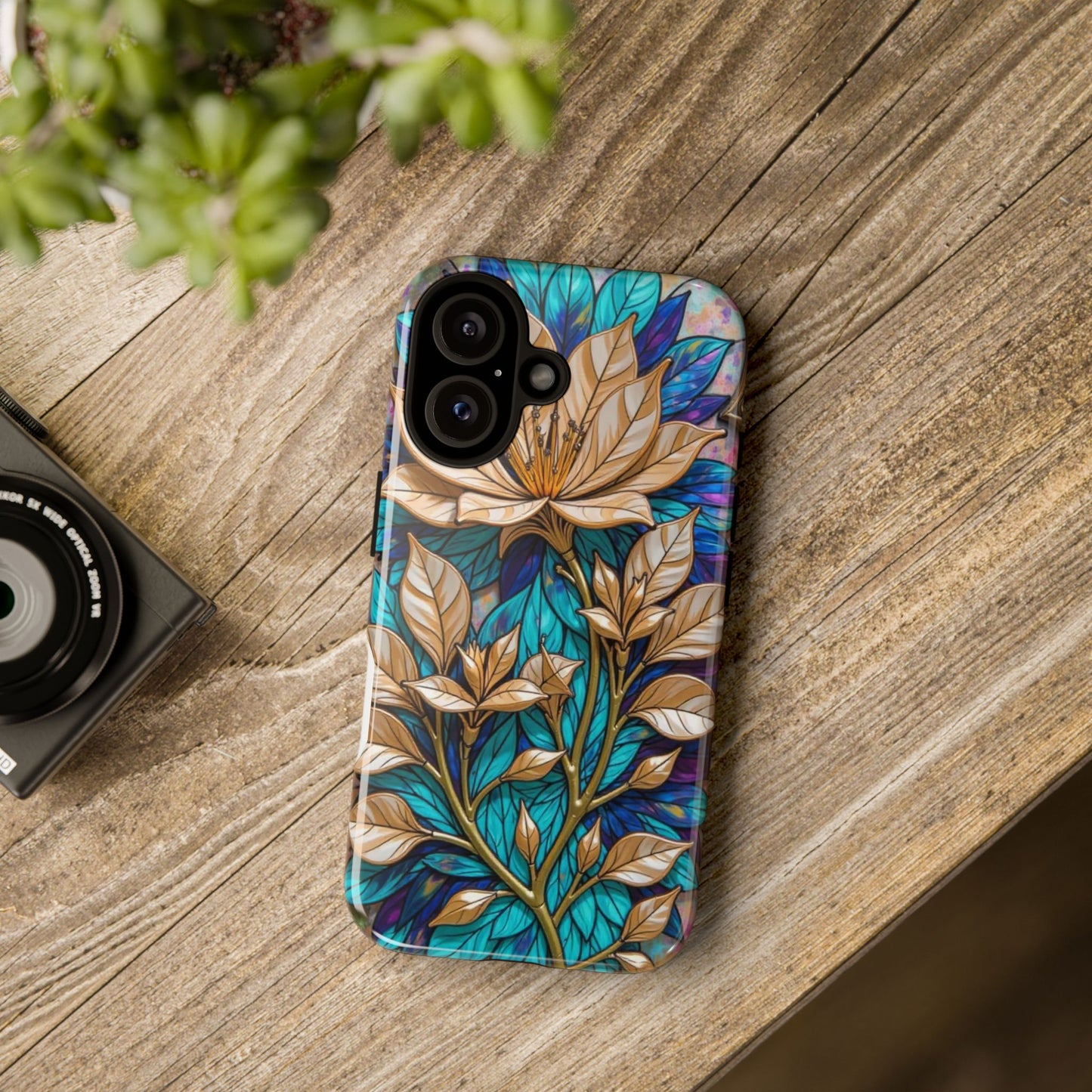 Majestic Golden Blossoms on Mosaic Blue Splendor