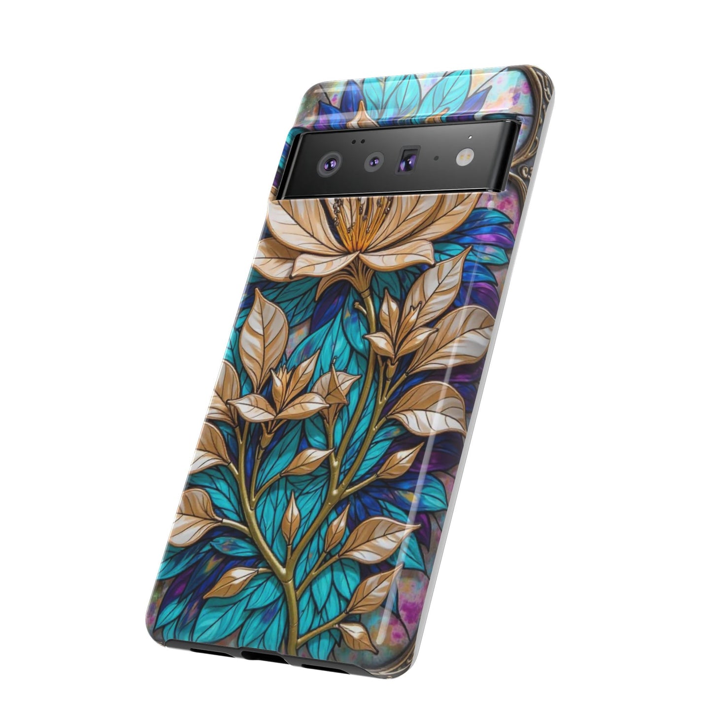 Majestic Golden Blossoms on Mosaic Blue Splendor